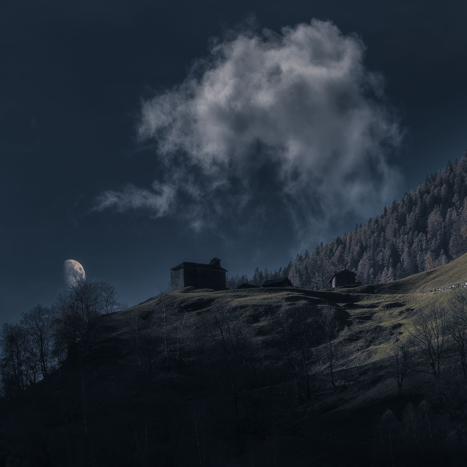 Paesaggio notturno blu,luna parzialmente nascosta dagli alberi, piccola chiesetta, alcune costruzioni immerse in luce fredda e silenziosa