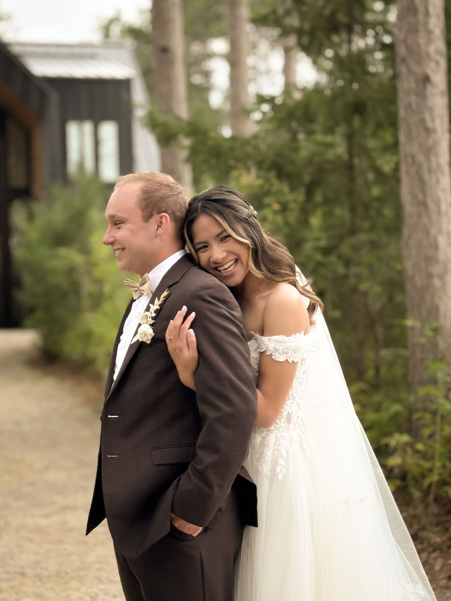 Wedding photos of the bride and the groom at Pinewood Weddings and Events in Cambridge Minnesota