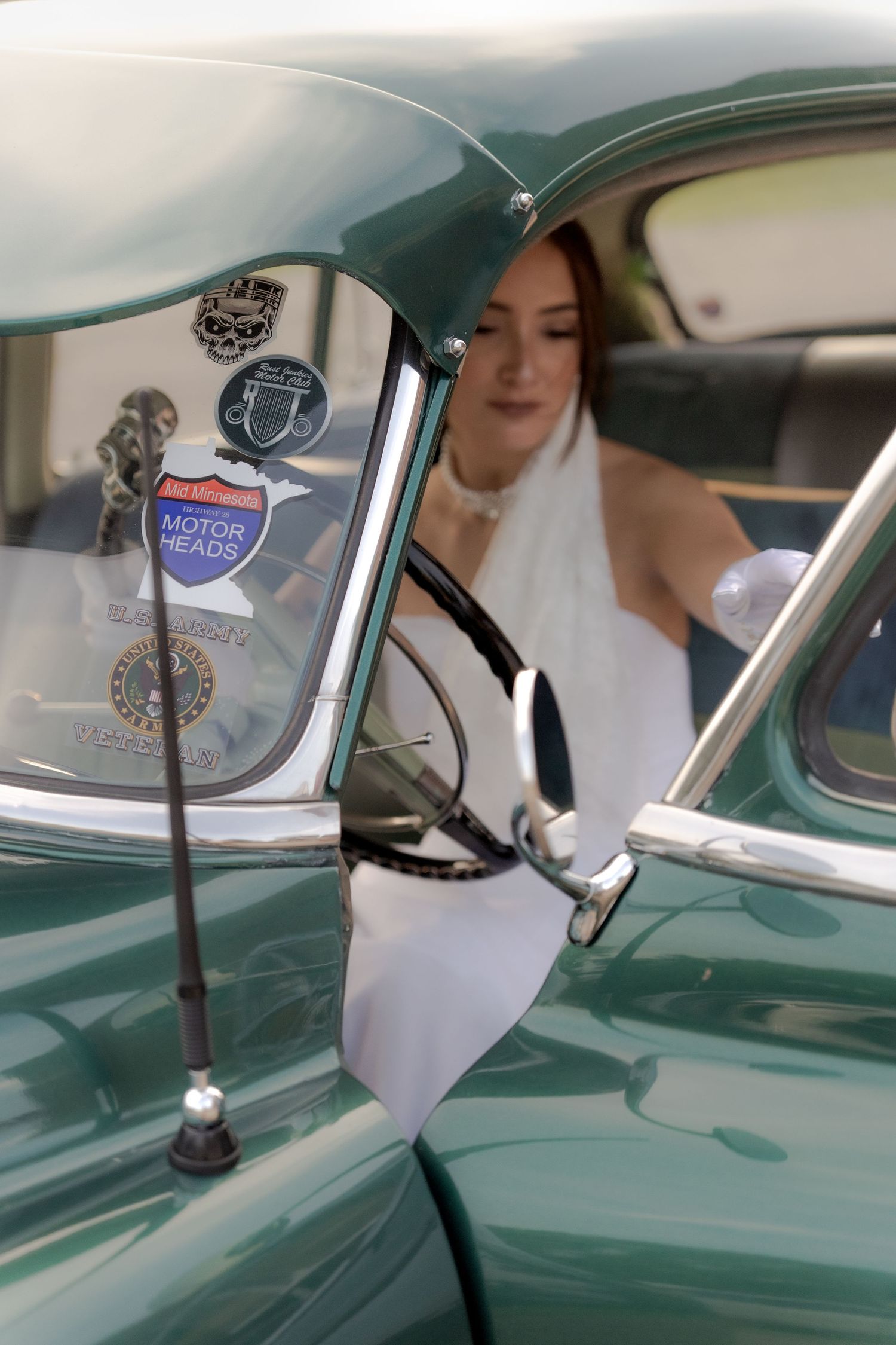 Bridal portrait next to vintage car in Belle River Minnesota