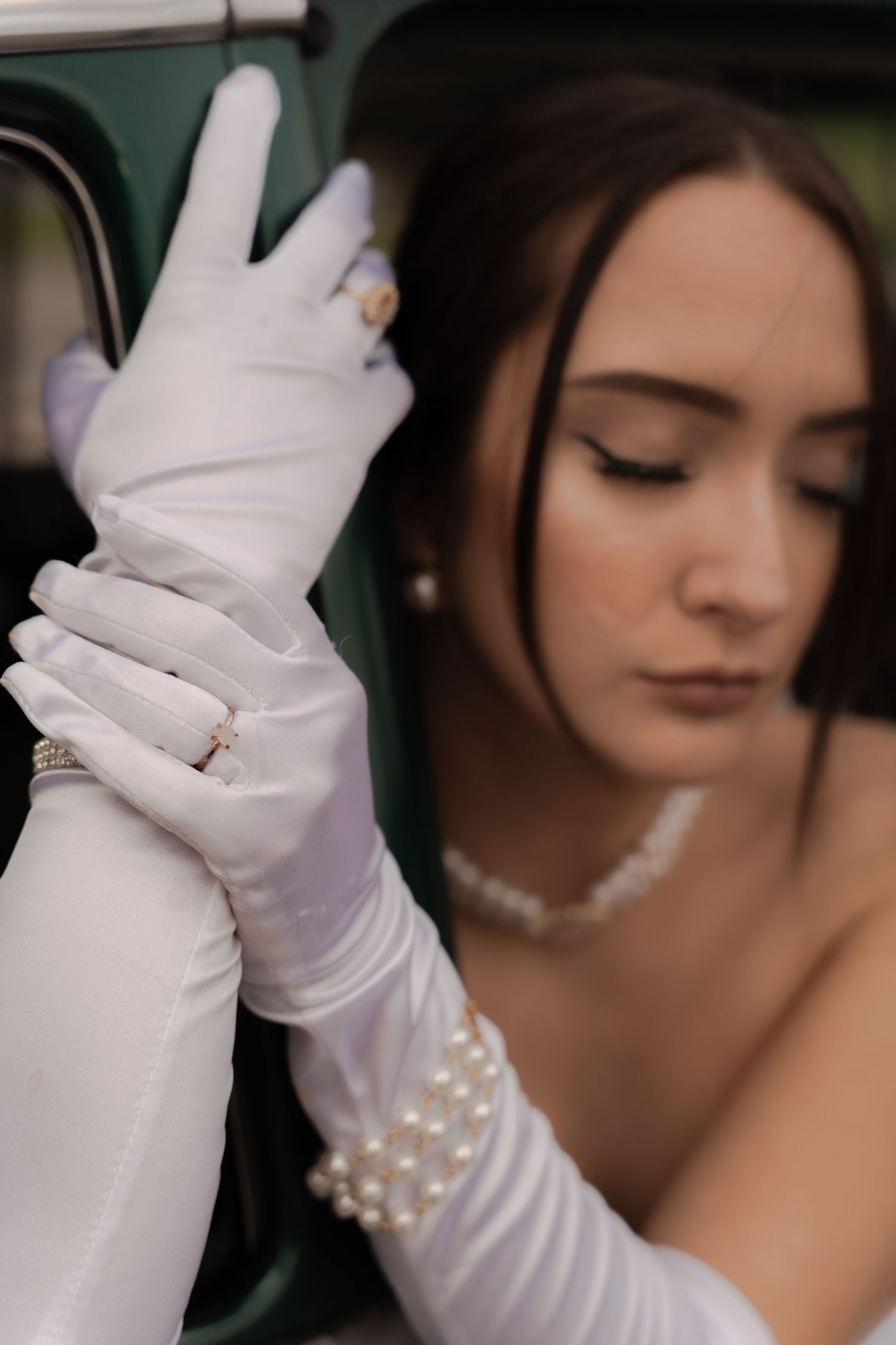 Bridal portrait in vintage car in Belle River Minnesota