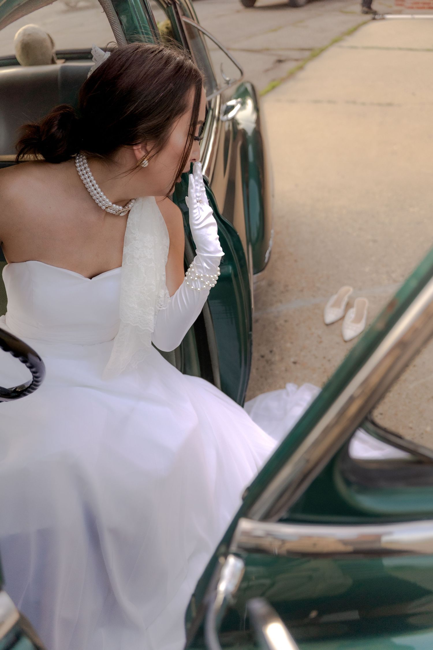Bridal portrait next to vintage car in Belle River Minnesota
