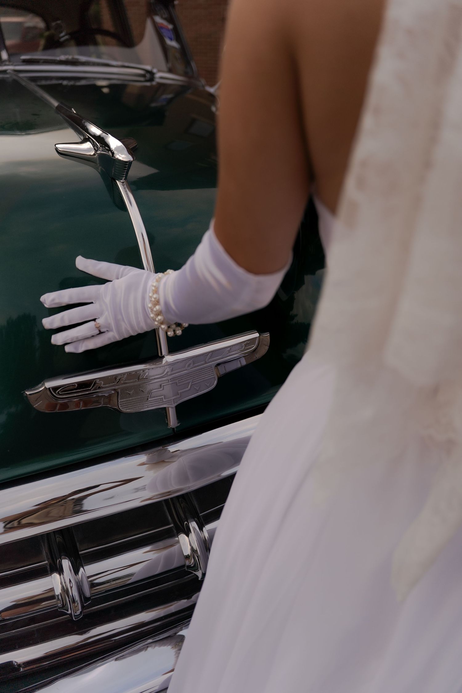 Bridal portrait next to vintage car in Belle River Minnesota