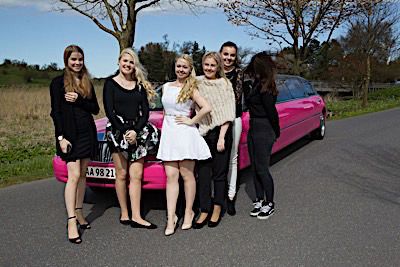 Group posing beside a bright pink limousine on a country road during a sunny day.