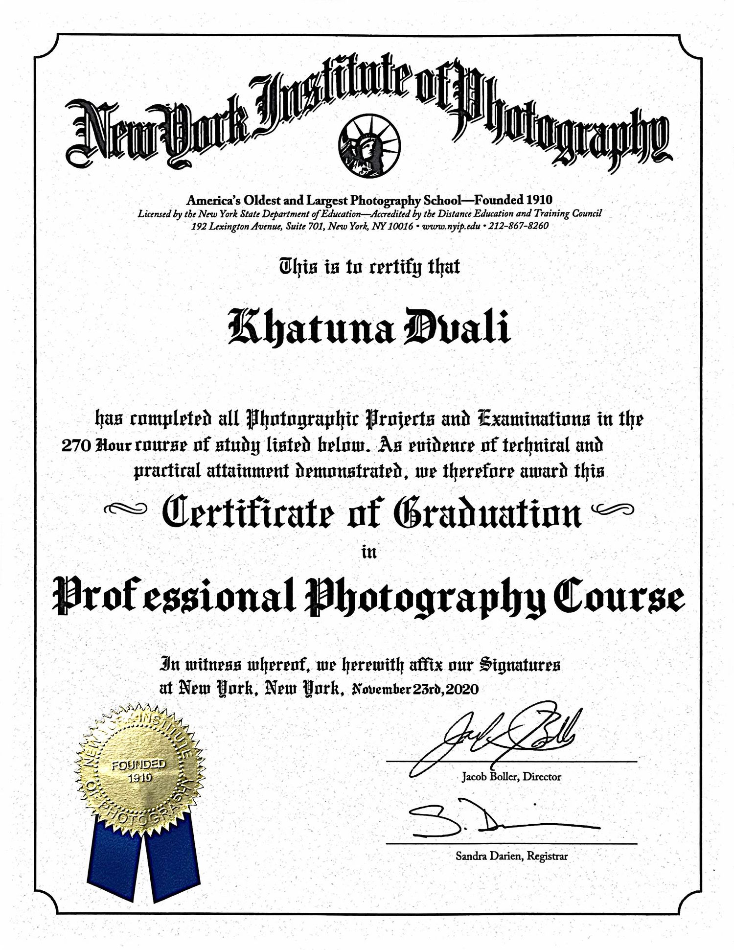 A professional photography course graduation certificate from New York Institute of Photography with a gold seal and blue ribbon.