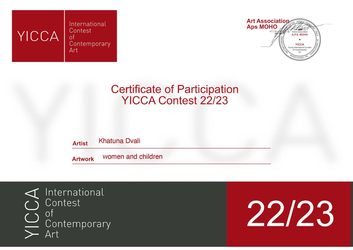 Red and white YICCA international contemporary art contest banner with Certificate of Participation text.