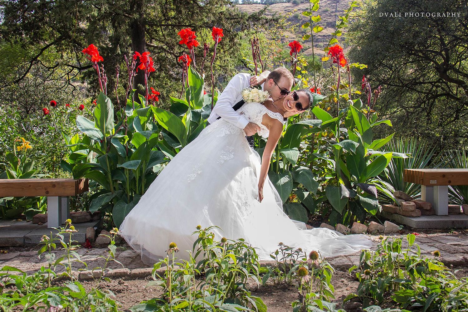 Wedding portraits in a garden with vibrant red flowers and greenery.