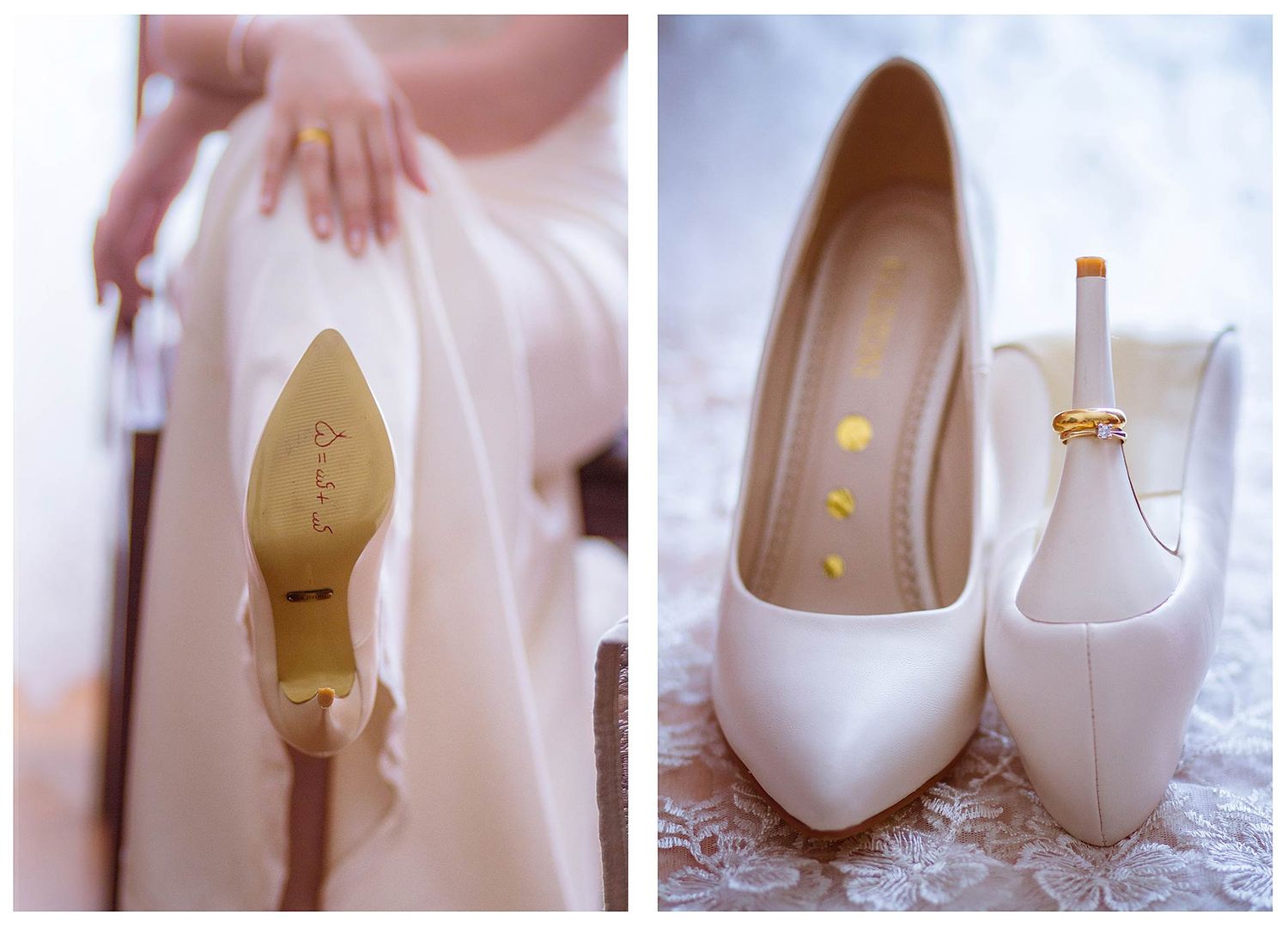 Wedding details featuring white bridal shoes and engagement ring in natural lighting.