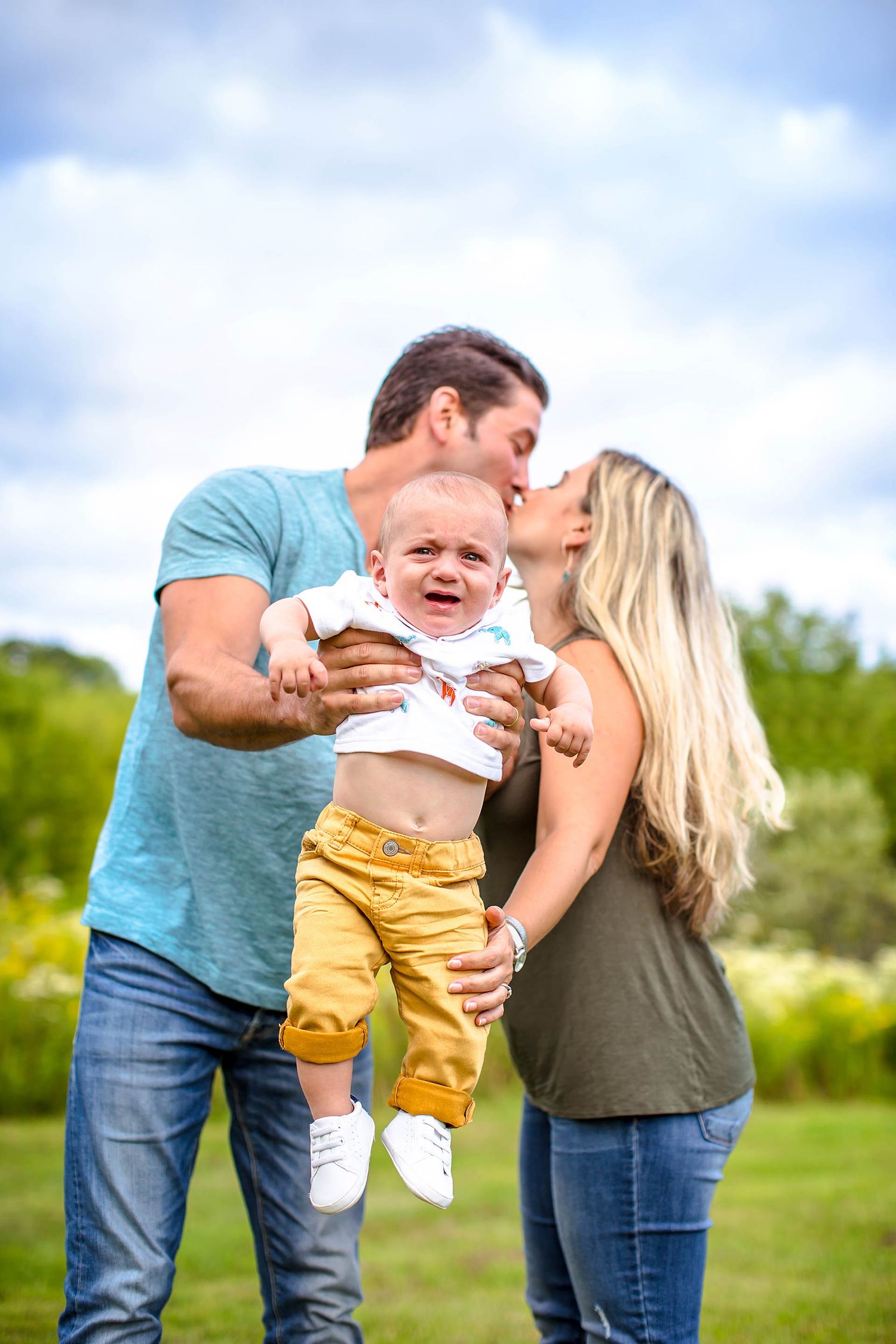 Joyful family moment captured in a sequence of candid outdoor photos.