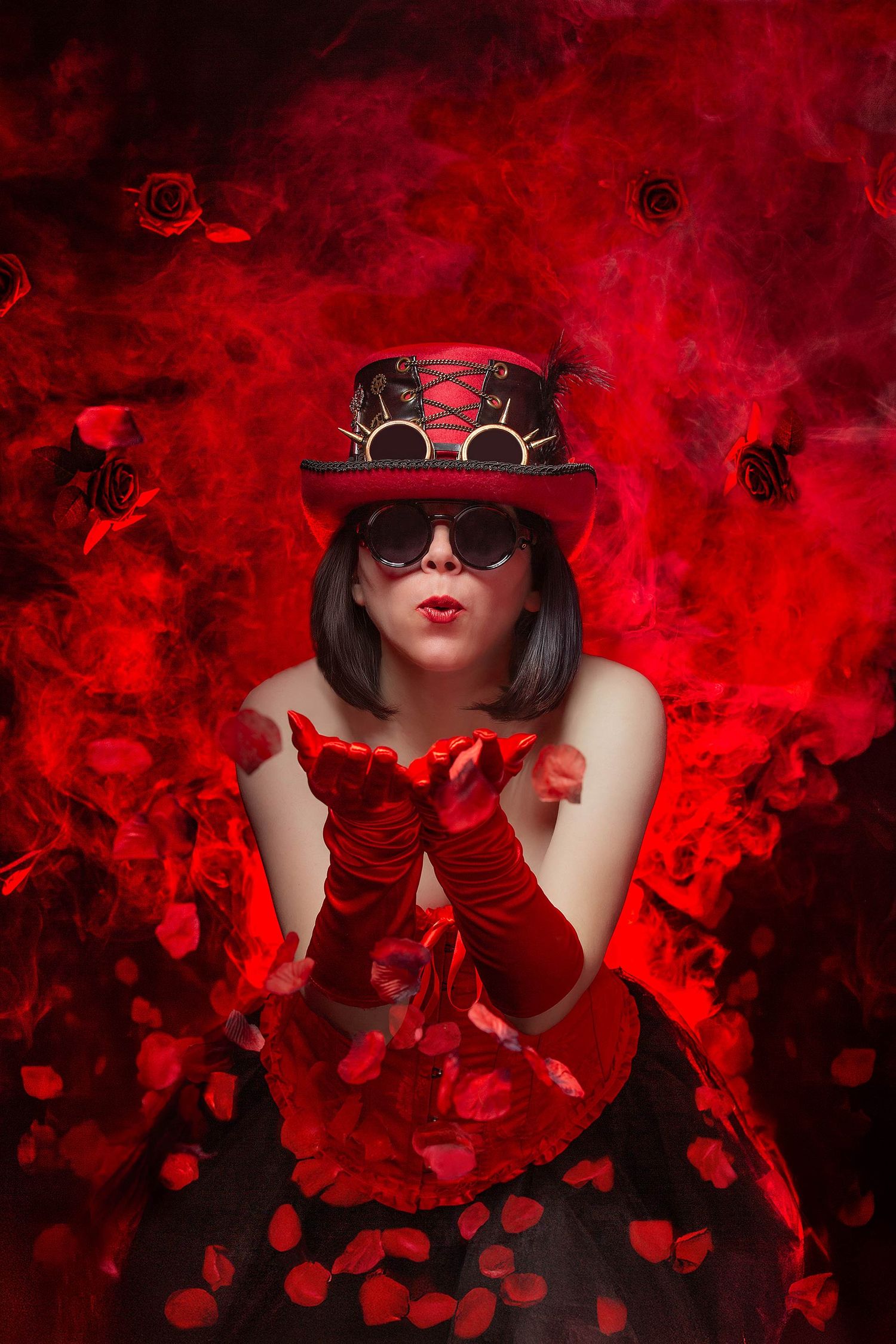 Creative fashion portrait series with red smoke effects and stylish sunglasses against dark background.