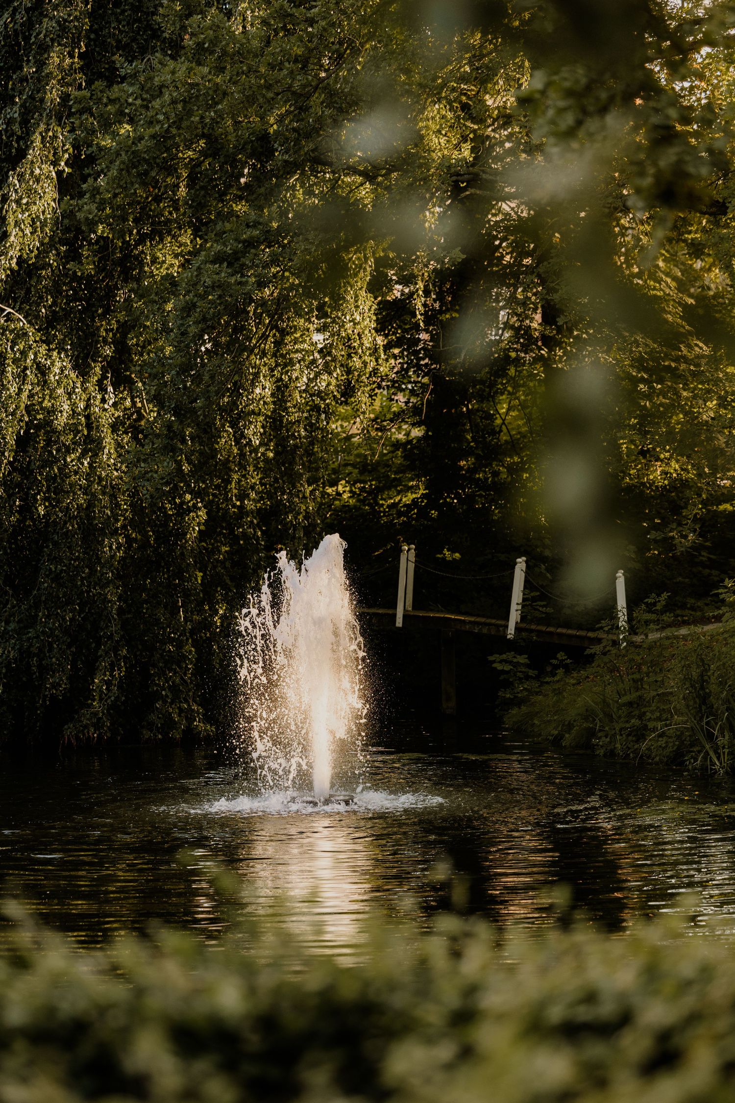 Een fontein bij een sprookjesachtige trouwlocatie.