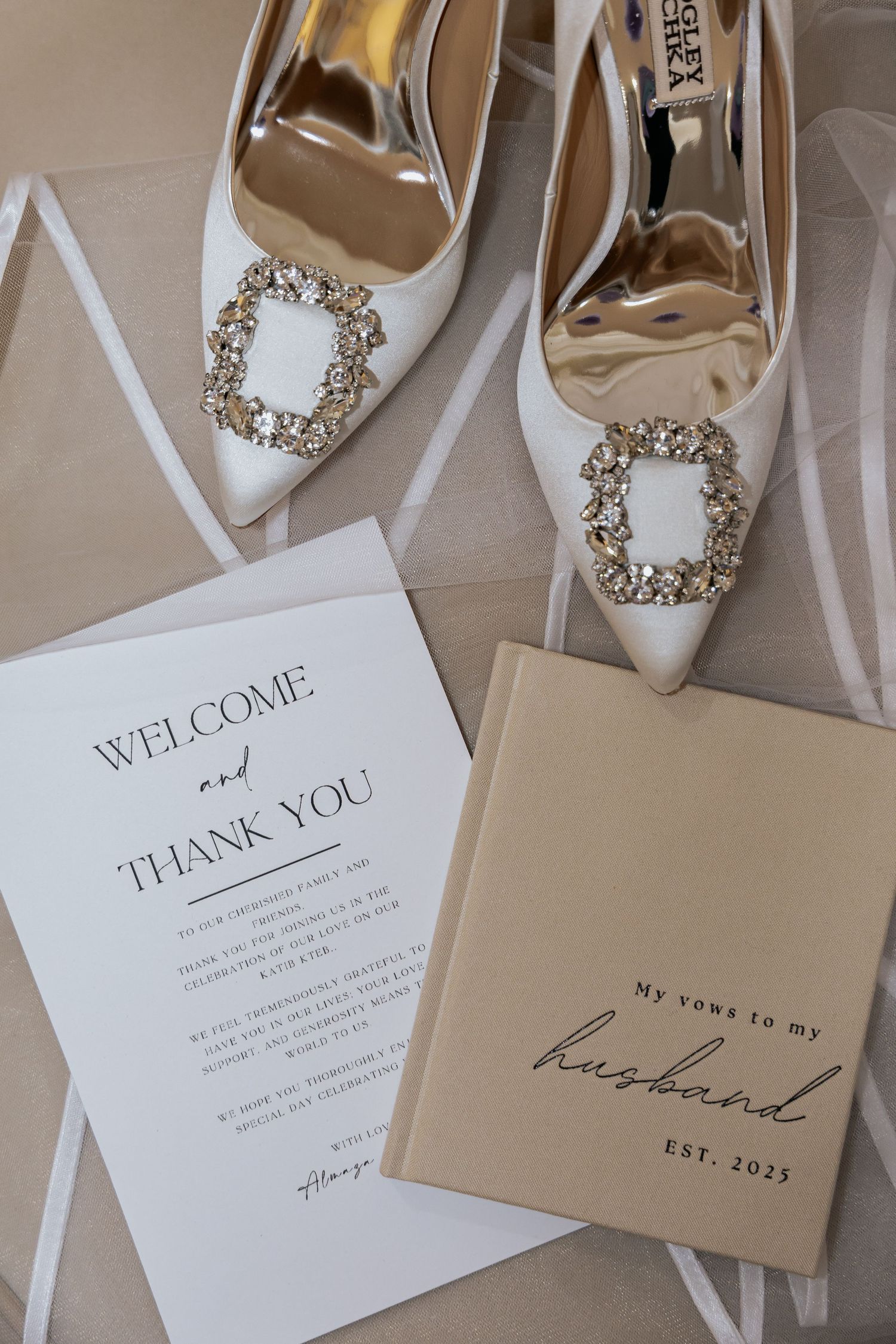Badgley Mischka bridal heels with crystal buckles beside wedding vow book and welcome card.