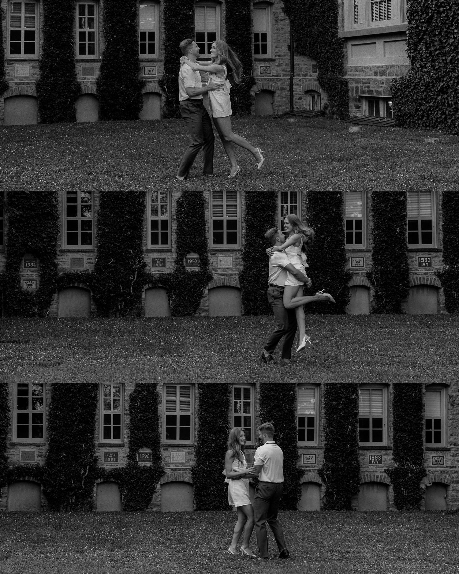 Black and white triptych of a couple embracing, lifting, and dancing on a lawn before an ivy-covered building.