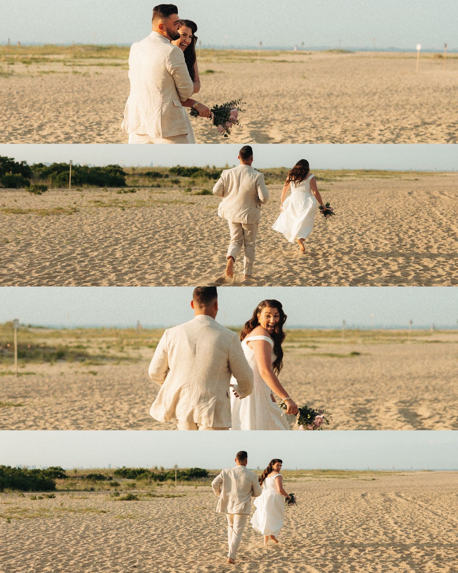 Couple in white wedding attire sharing a romantic moment on a sandy beach at golden hour.