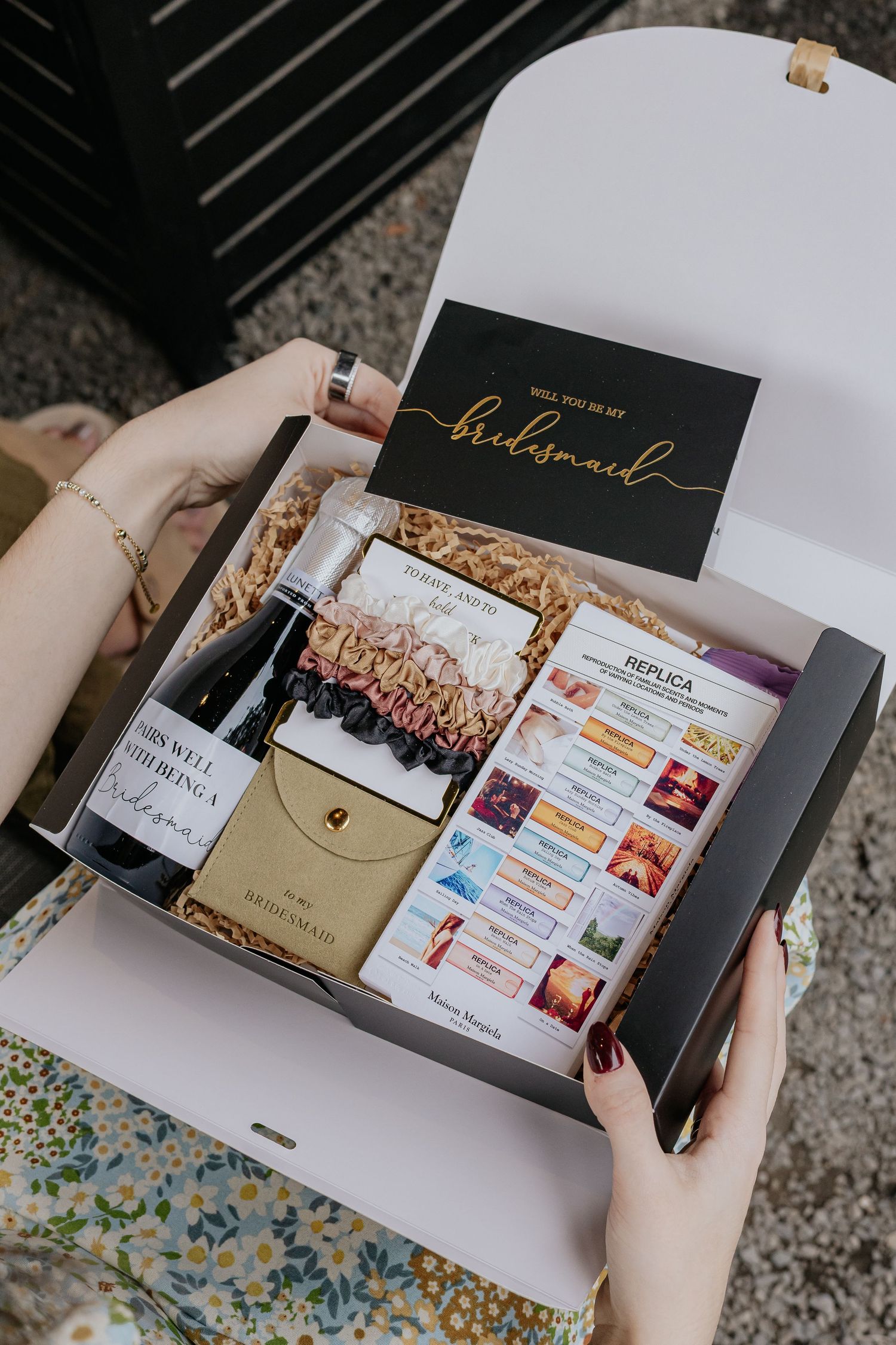 Bridesmaid proposal gift box with wine, accessories, and will you be my bridesmaid card.