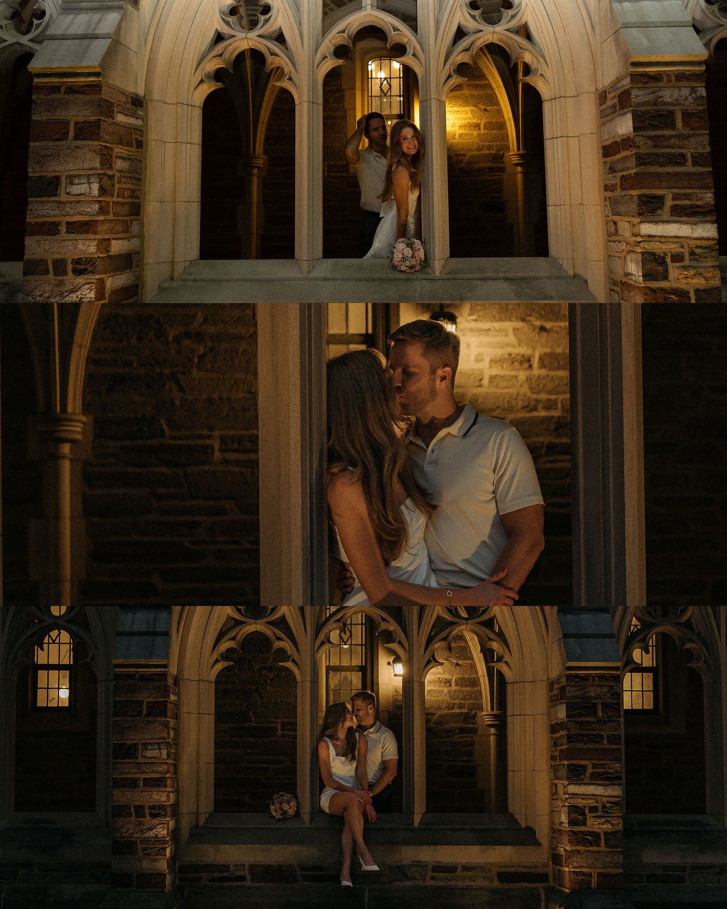 Romantic couple kissing and posing in Gothic stone archways of a historic building at night.