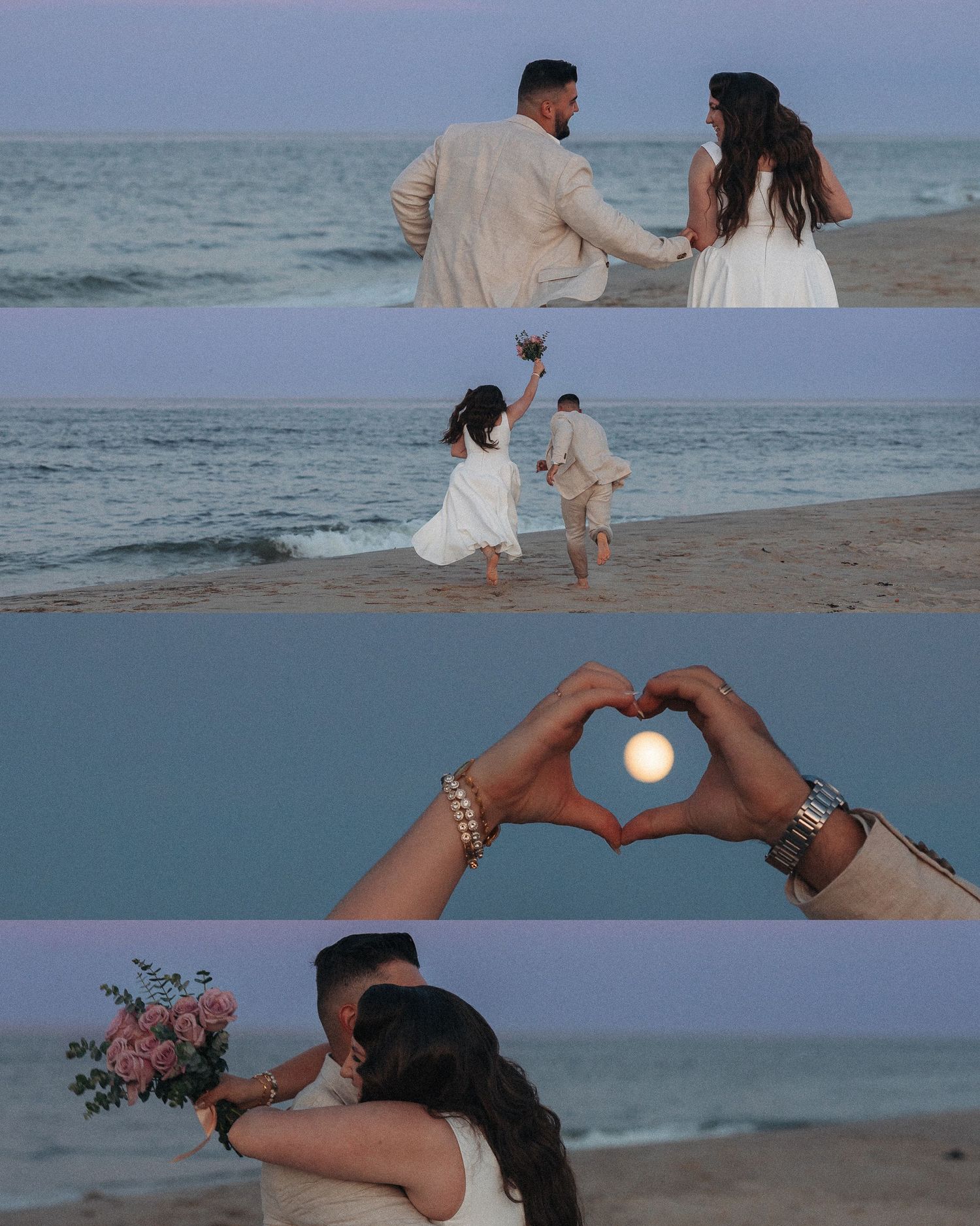 Romantic beach wedding couple holding hands, making heart shape with moon, and embracing at sunset with pink bouquet.