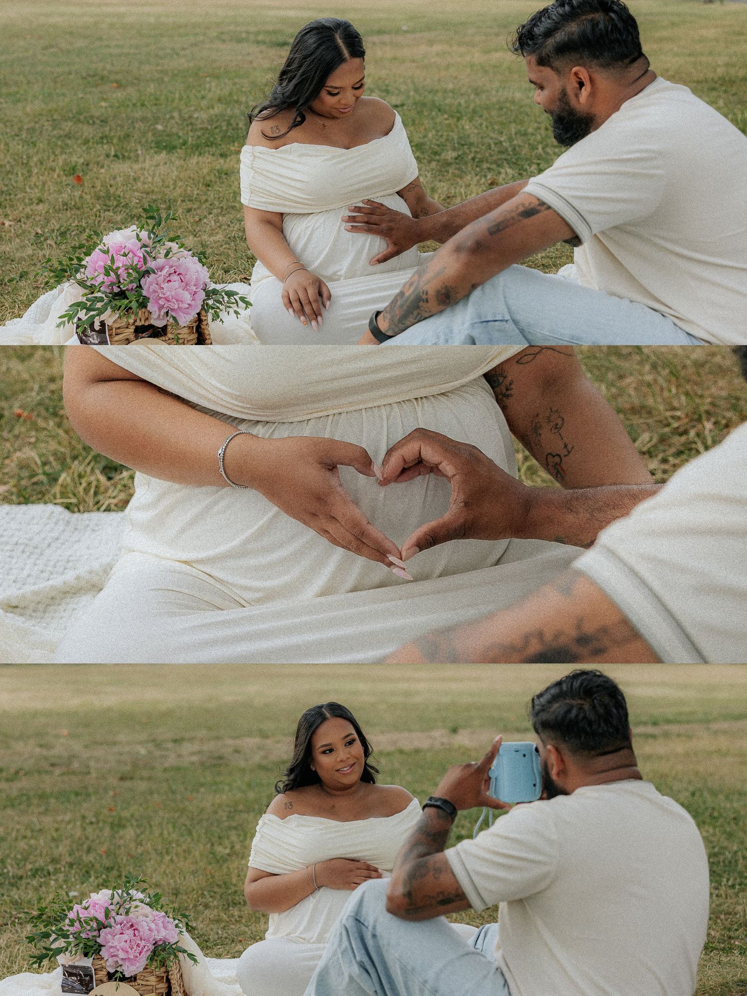 Collage of maternity photos showing pregnant woman in white dress with partner making heart shape over baby bump outdoors.