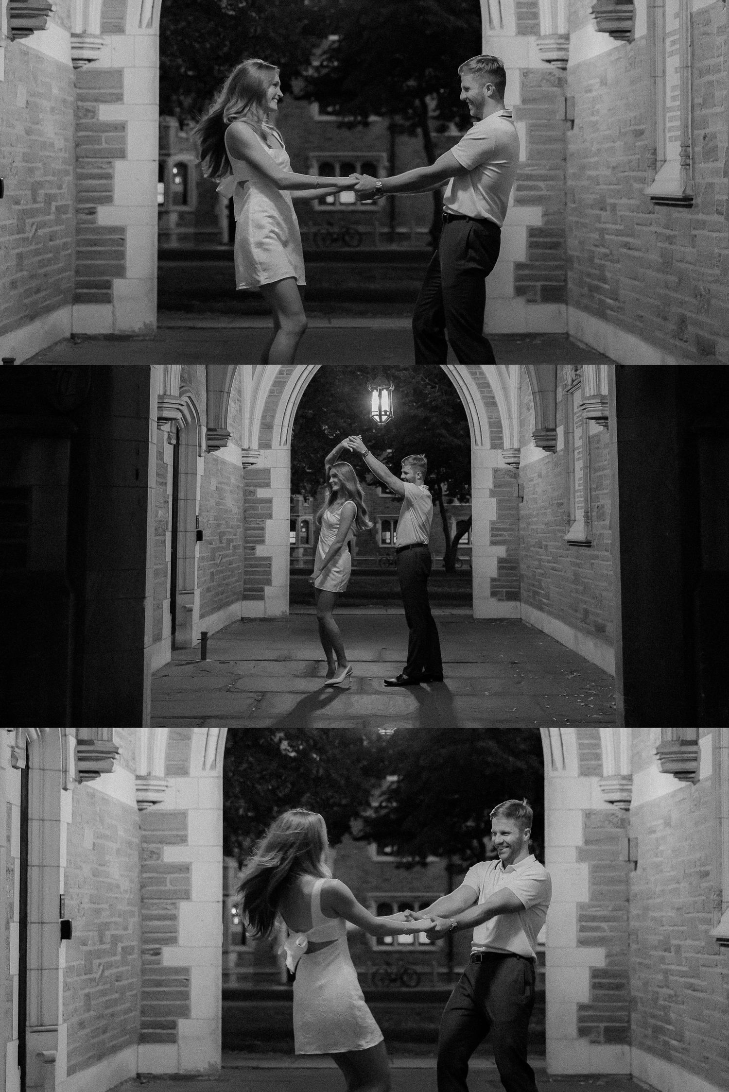 Black and white photo collage of a couple dancing and holding hands under stone archways at night.