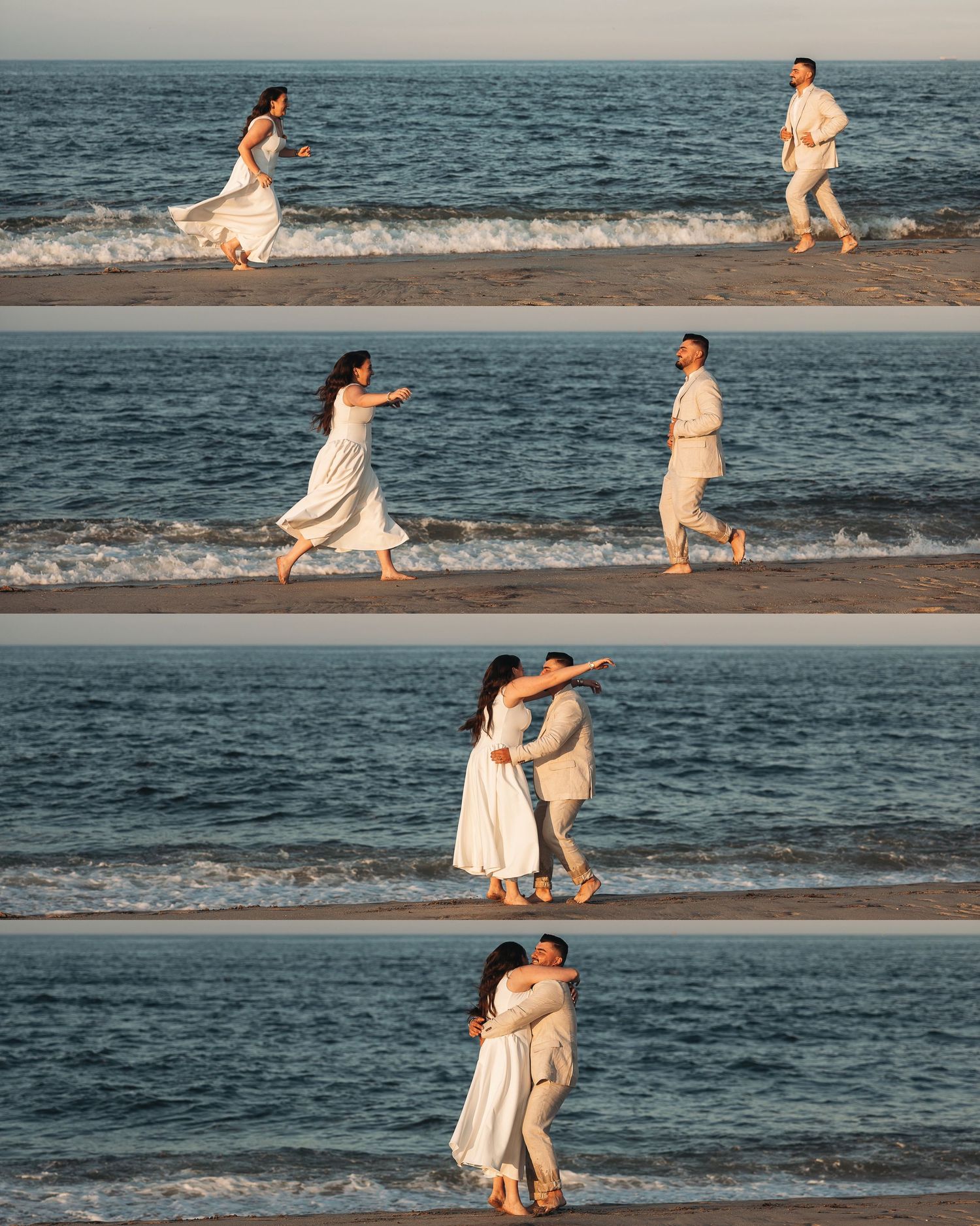 Couple in white outfits running and embracing on a sandy beach with ocean waves, captured in four sequential romantic photos.