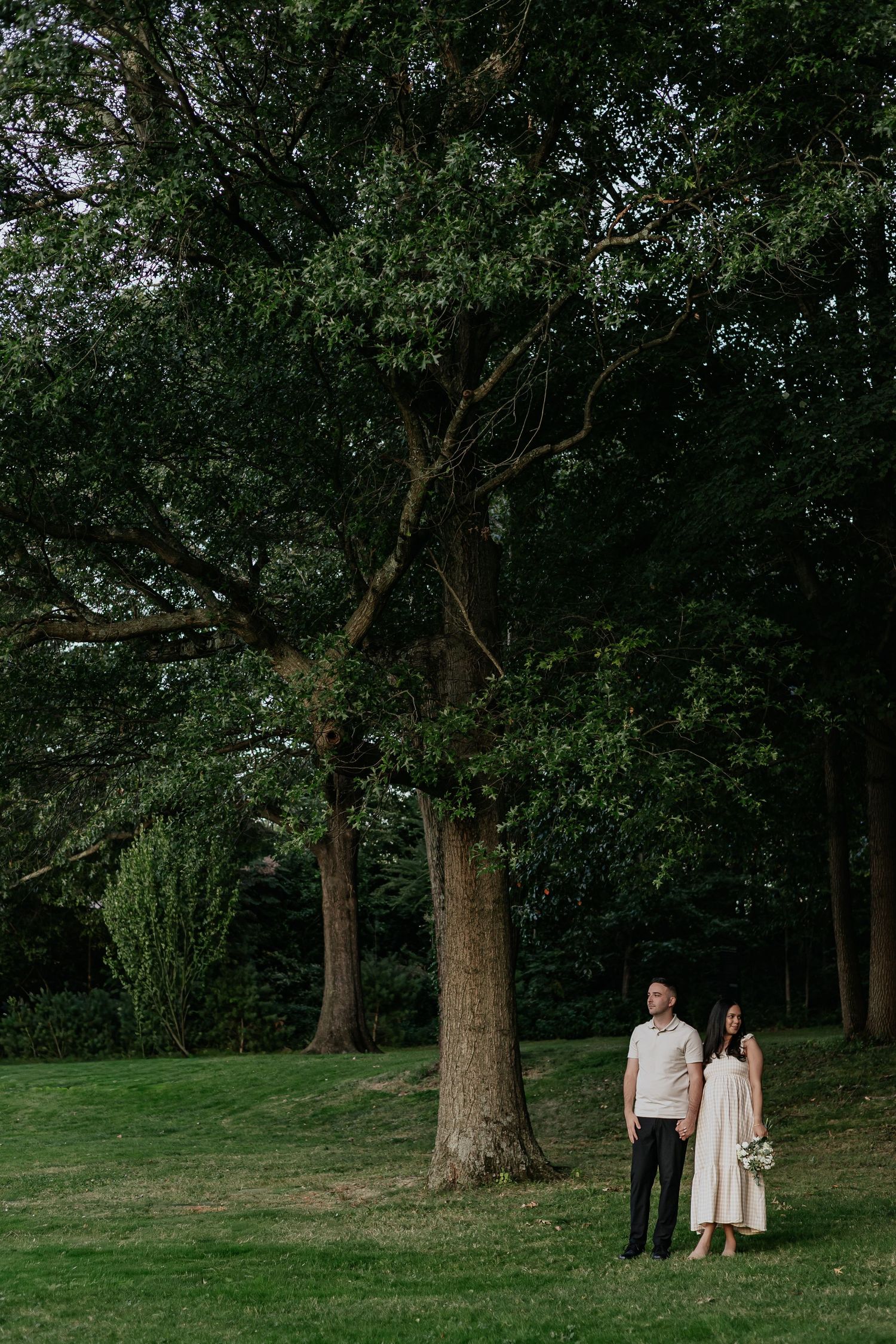 Couple holding hands standing beneath a large tree in a serene green park landscape.