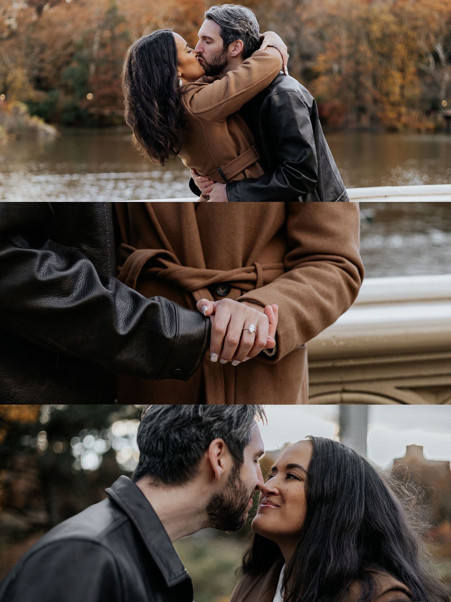 Collage of couple kissing on a bridge, showcasing engagement ring, with autumn foliage in the background.
