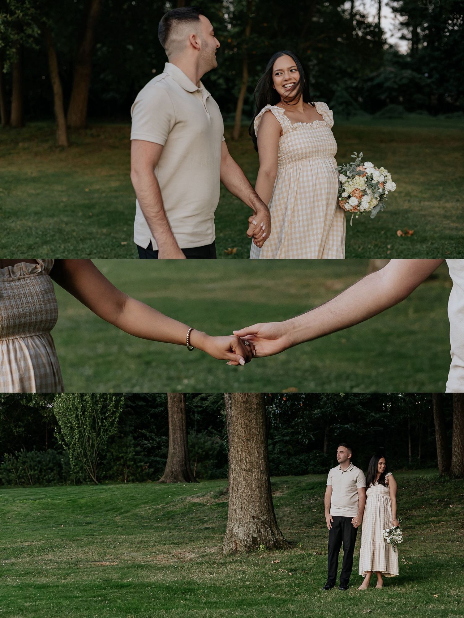 Maternity photo collage featuring couple holding hands in park, close-up of intertwined hands, and portrait under tree.