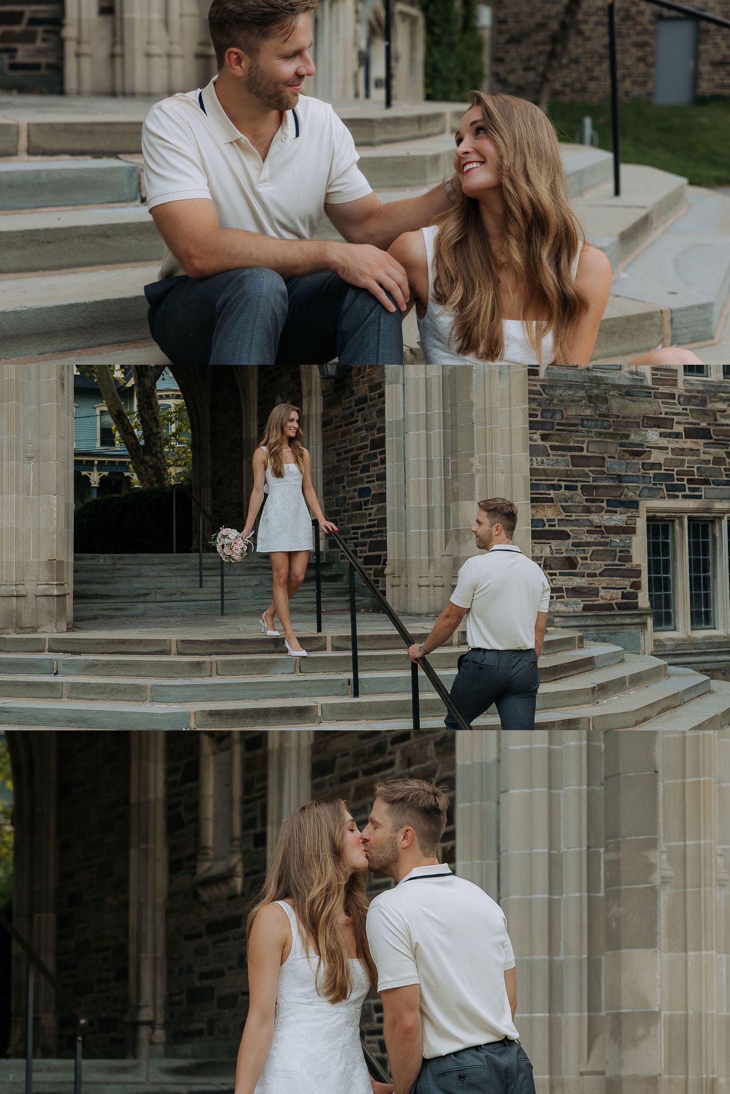 Couple in white outfits sharing romantic moments on stone steps of a historic building during engagement session.