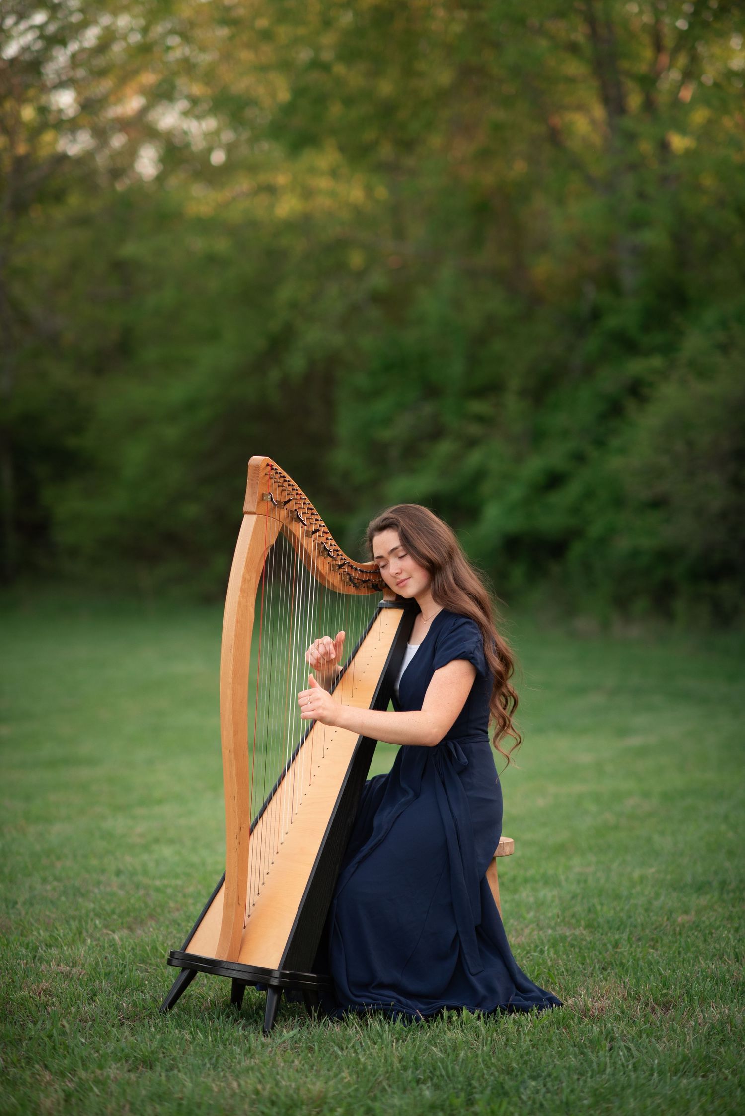 a girl playing a harp in a field