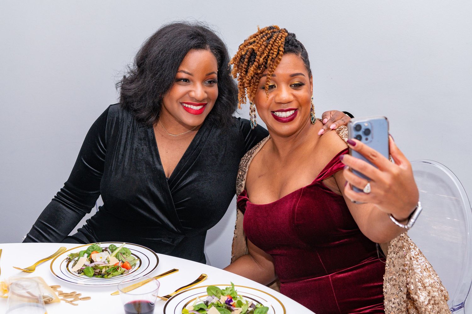 Celebratory graduation photos showing joyful moments and dining together in formal attire.