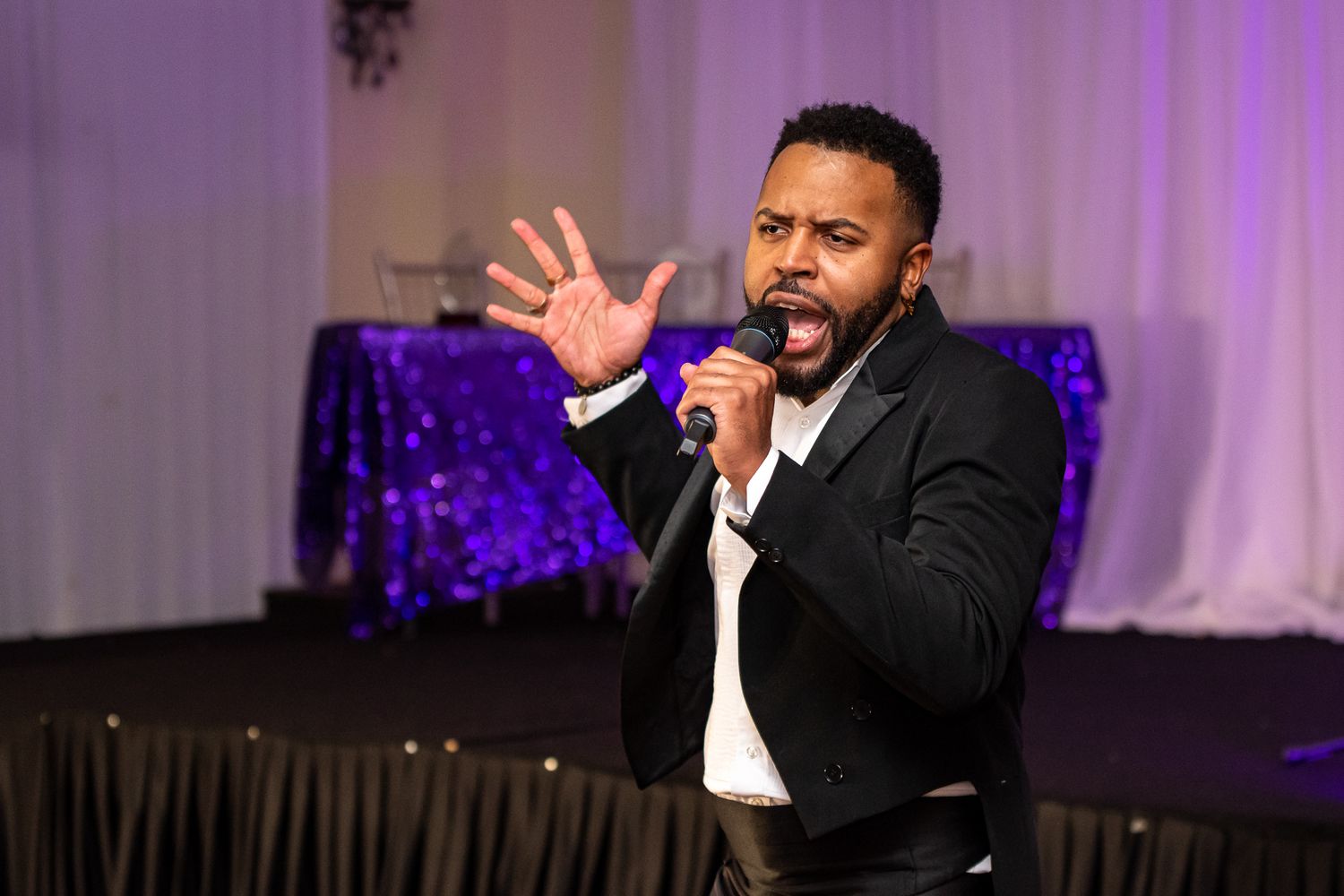 Performance photos of entertainer singing on stage with purple lighting effects.