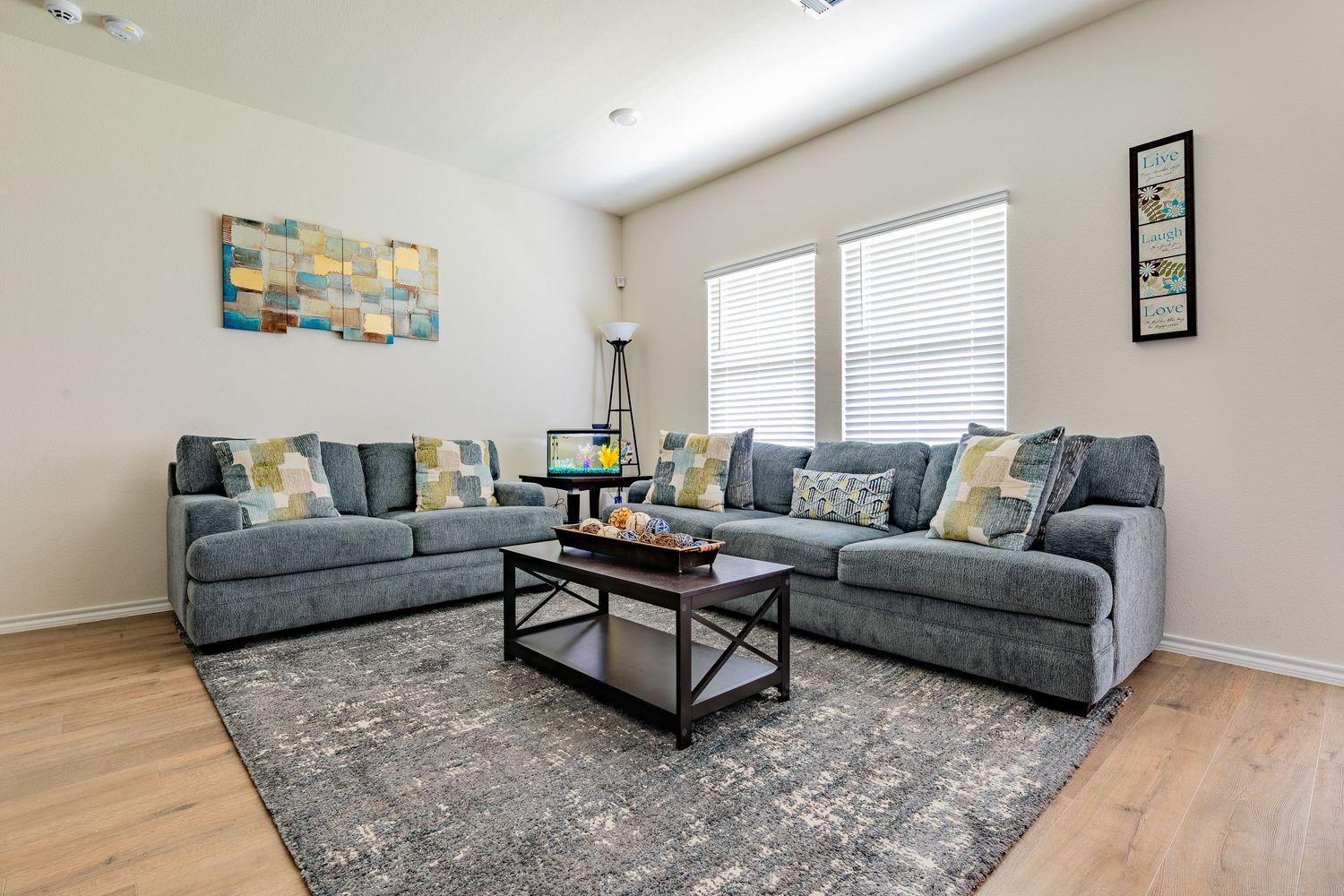 Contemporary living room with gray sofas, area rug and modern decor.