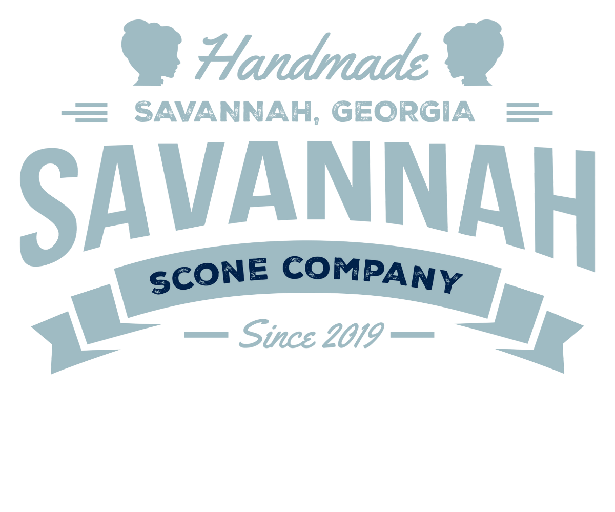 Vintage-style logo for Savannah Scone Company in soft blue featuring silhouettes and established date of 2019.
