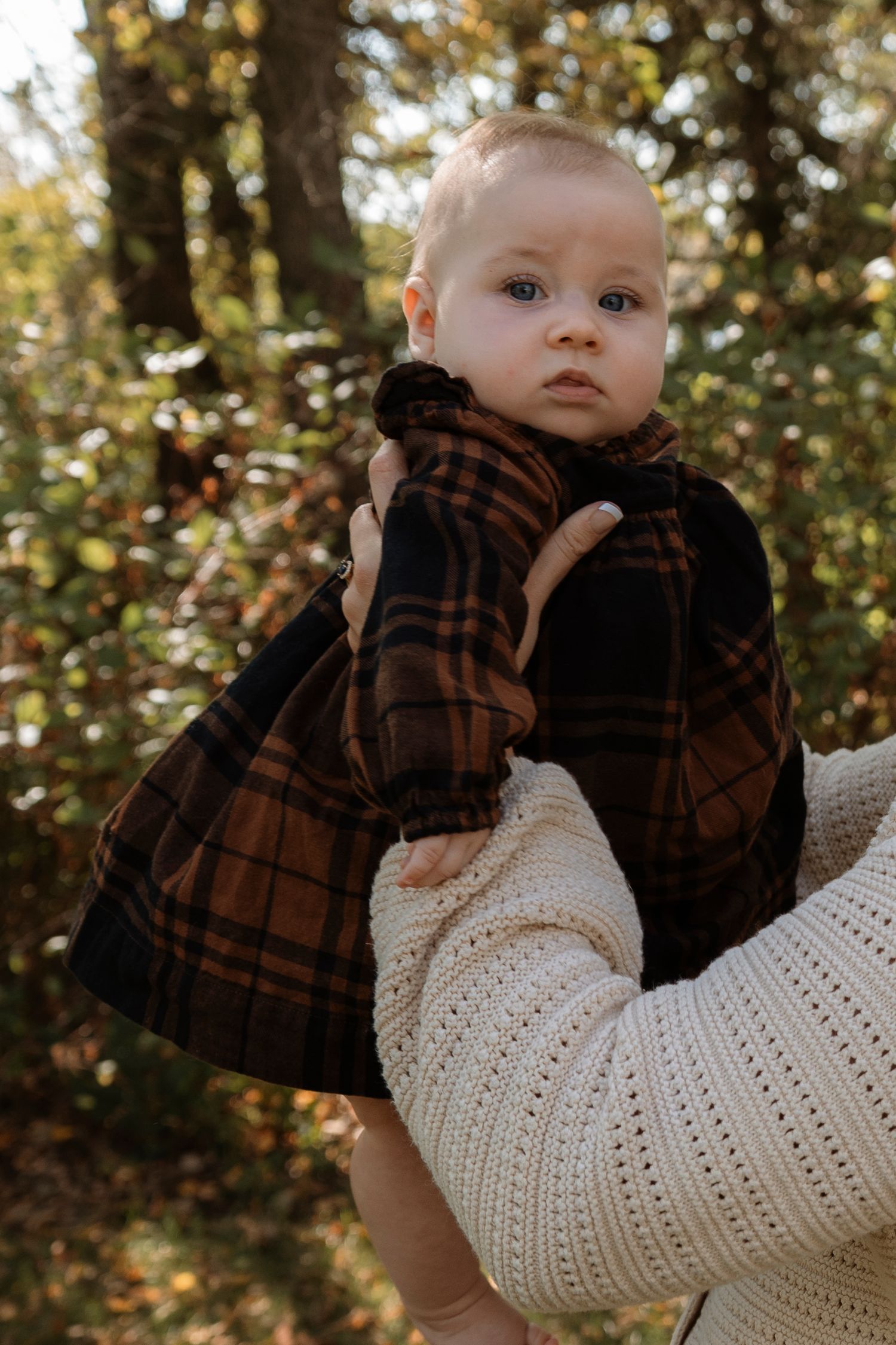 Baby in brown plaid dress held by adult in cream knit sweater outdoors in autumn forest setting.