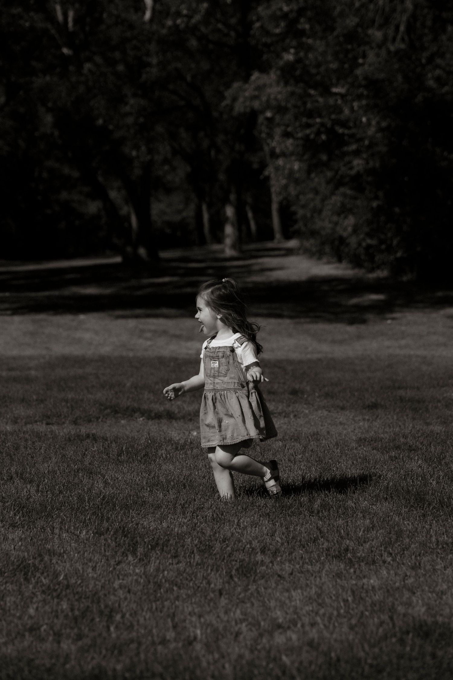 A small child dressed in light clothing runs and plays across a grassy lawn on a sunny day. Regina Saskatchewan Family portrait photographer