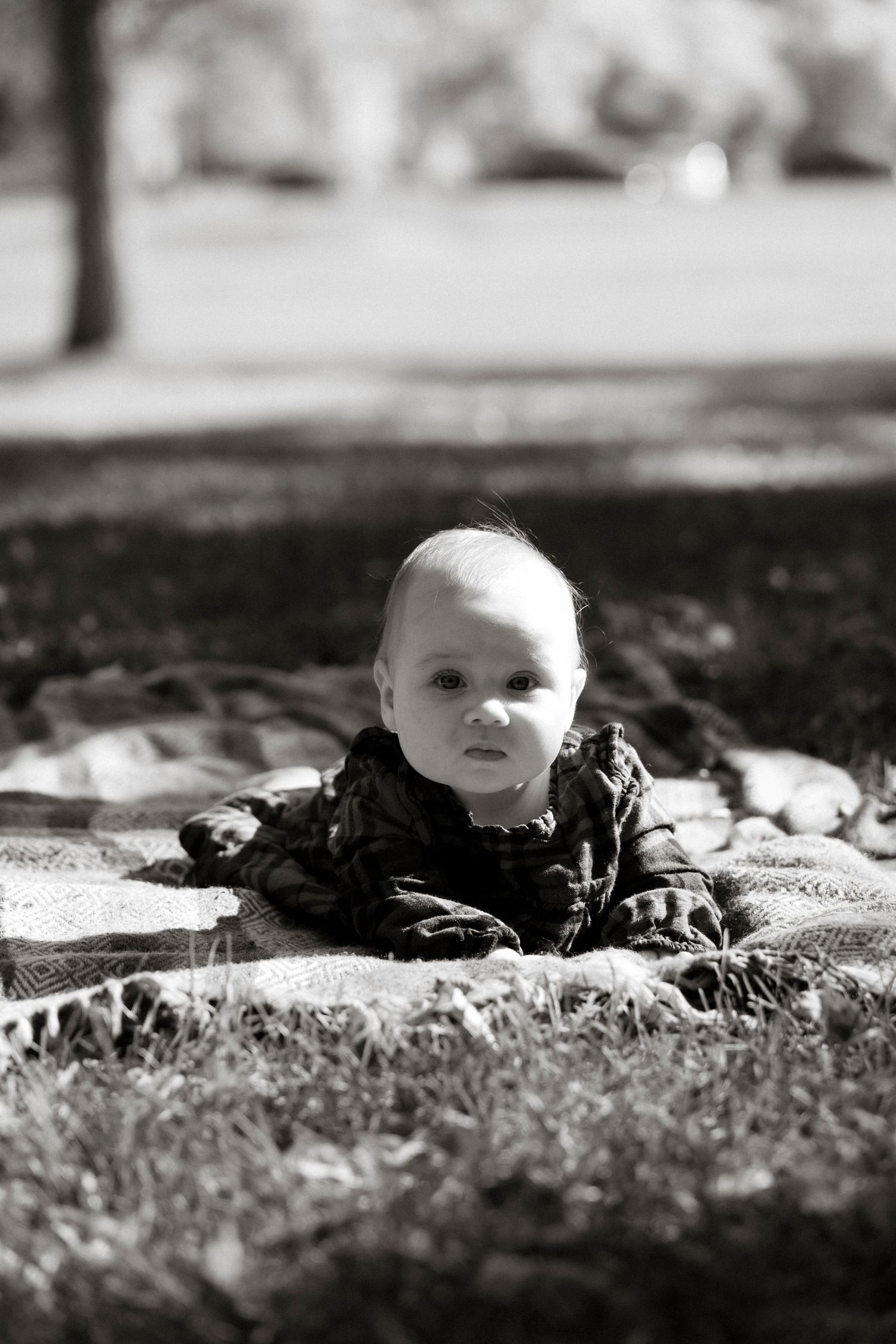 Black and white photo of a baby lying on a blanket in a park, looking at the camera.