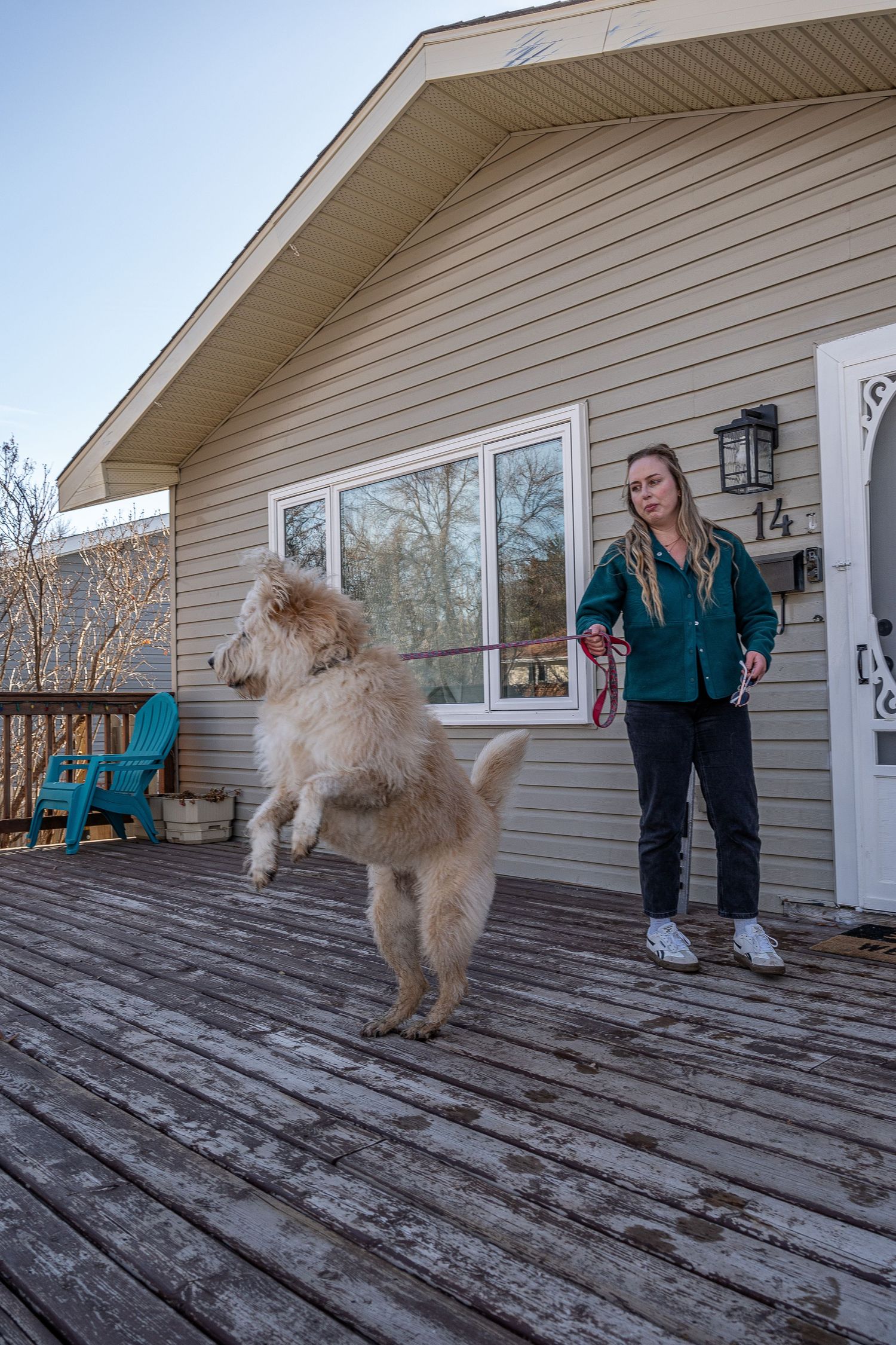 Woman on wooden deck holds leash as fluffy golden dog jumps up playfully outside a house.