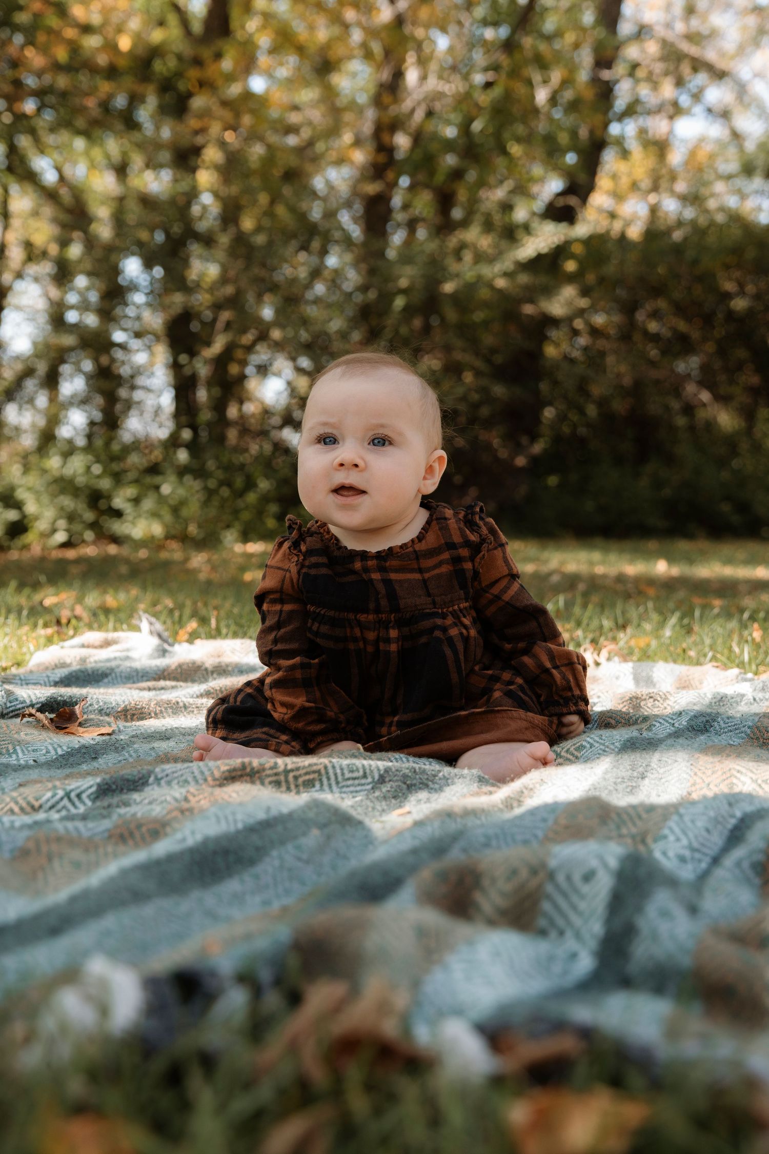 A baby in a dark plaid dress sits on a patchwork blanket outdoors, surrounded by autumn leaves and green trees.