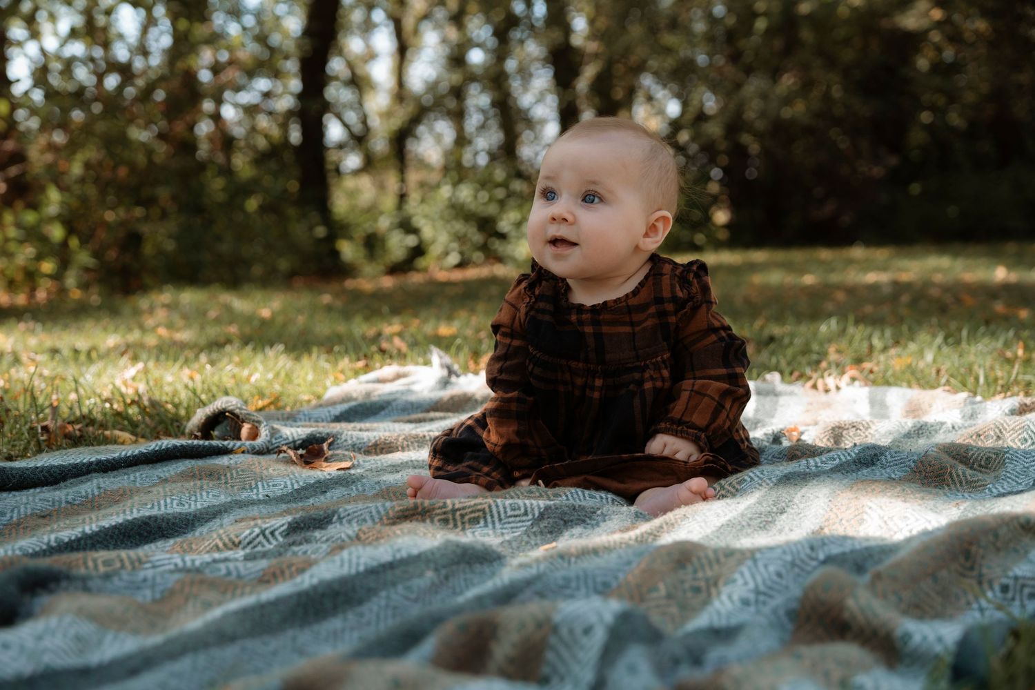 A baby in a brown dress sits on a plaid blanket outdoors, surrounded by green grass and trees.