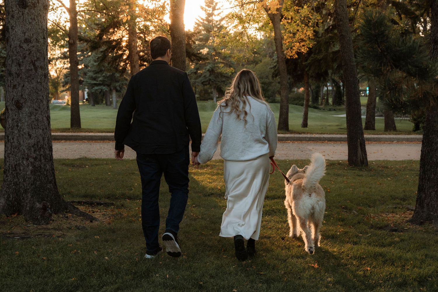 Couple holding hands walking with a dog through a sunlit park at golden hour.