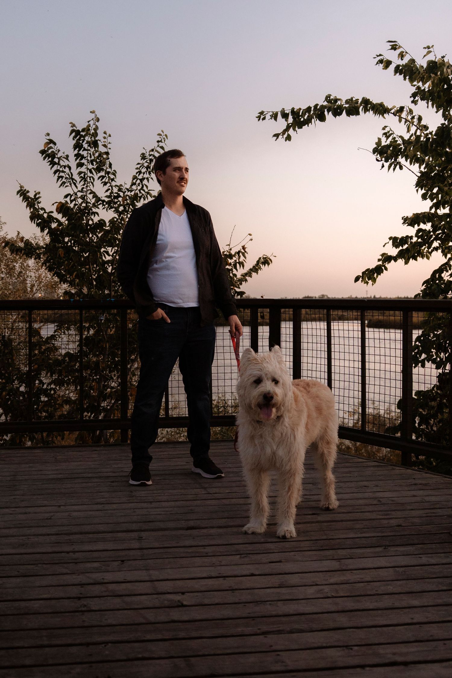 Man standing with fluffy golden dog on leash on wooden deck at sunset with trees and railing in background.