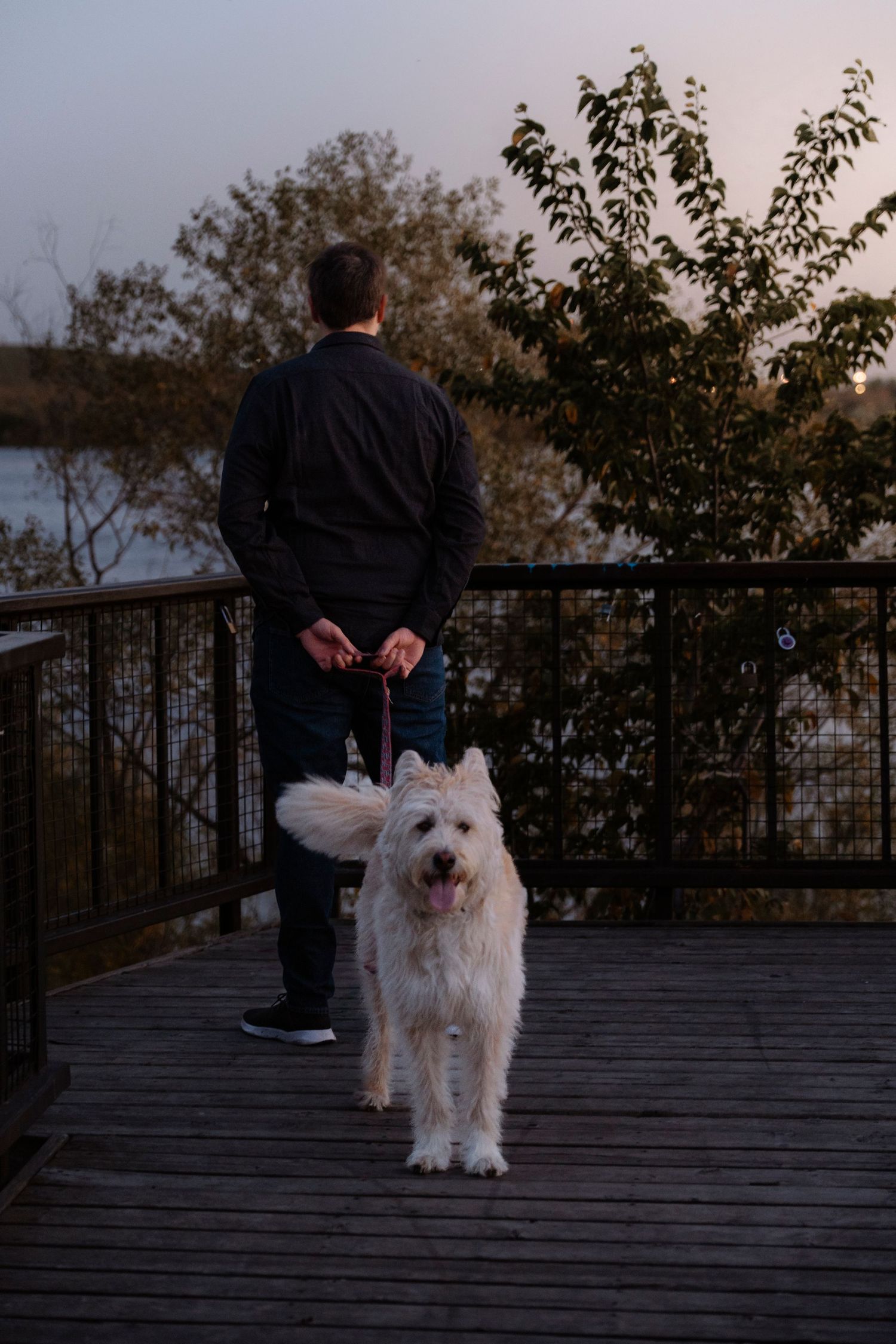 A man stands on a wooden deck at dusk with a fluffy white dog on a leash, overlooking a serene waterfront.