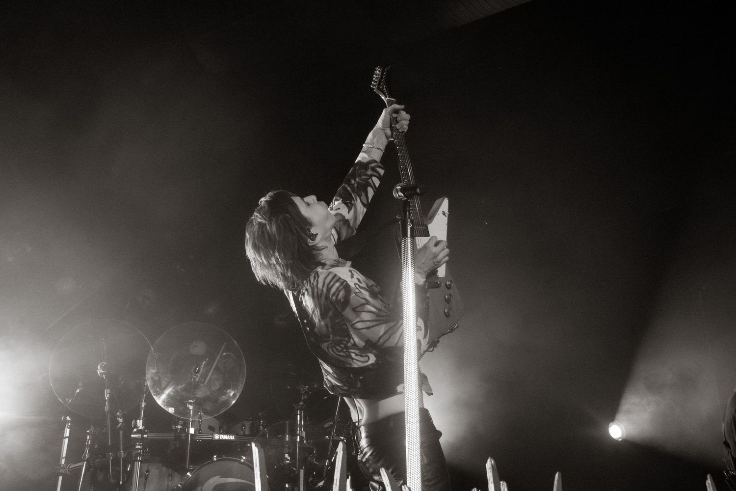 Black and white concert photo of a rock performer dramatically leaning back while holding a microphone stand on stage.