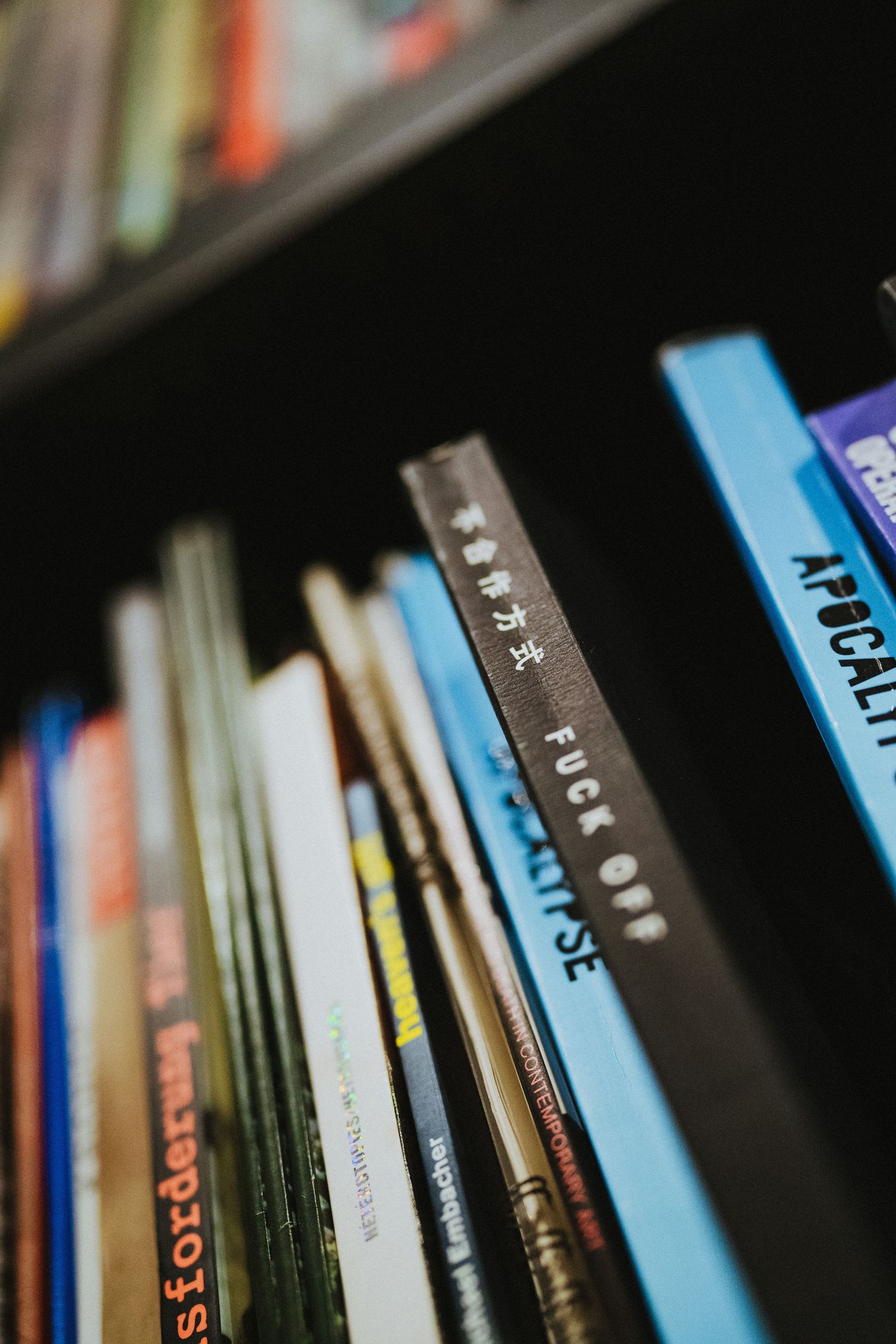 Close-up of colorful books on a dark shelf including titles on art and culture.