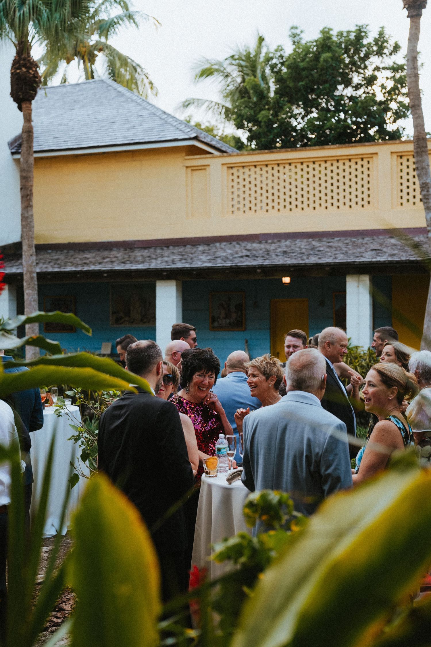 Wedding guests mingle during an outdoor cocktail hour at a tropical venue with palm trees and colorful buildings.