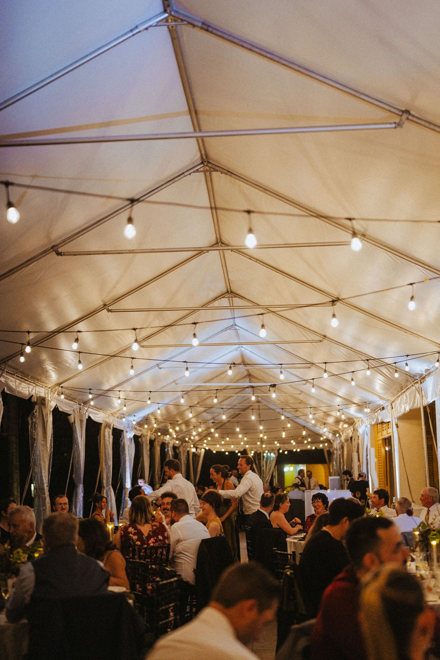 Elegant outdoor wedding reception under a white tent adorned with string lights, guests dining at long tables in evening ambiance.