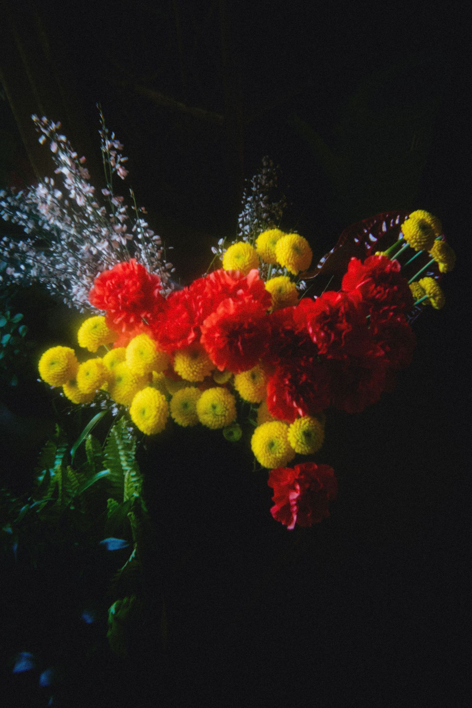 Vibrant bouquet of red carnations and yellow button chrysanthemums with ferns against a dark background.