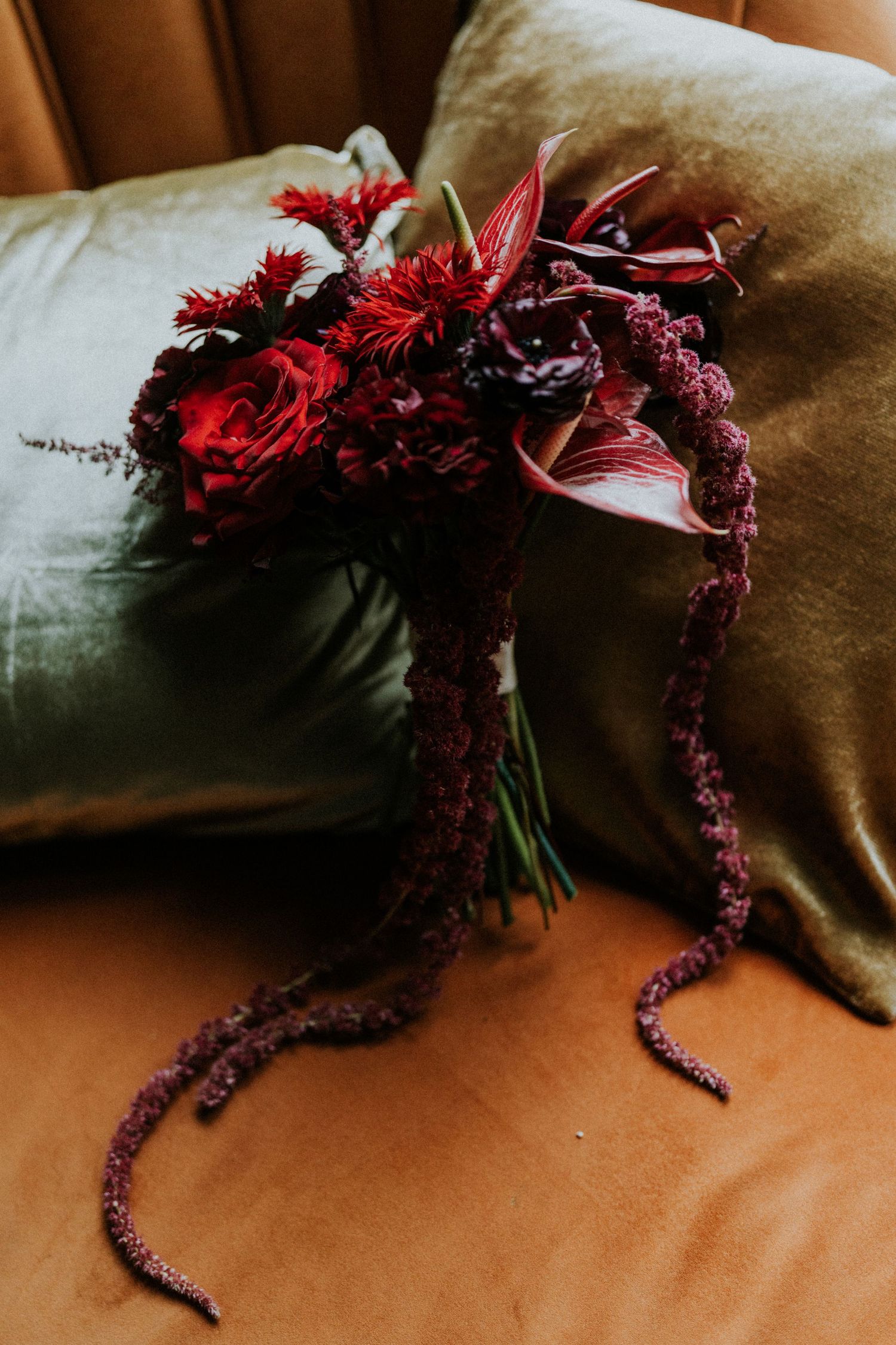 Dramatic deep red and burgundy bridal bouquet with trailing amaranthus resting on velvet cushions.