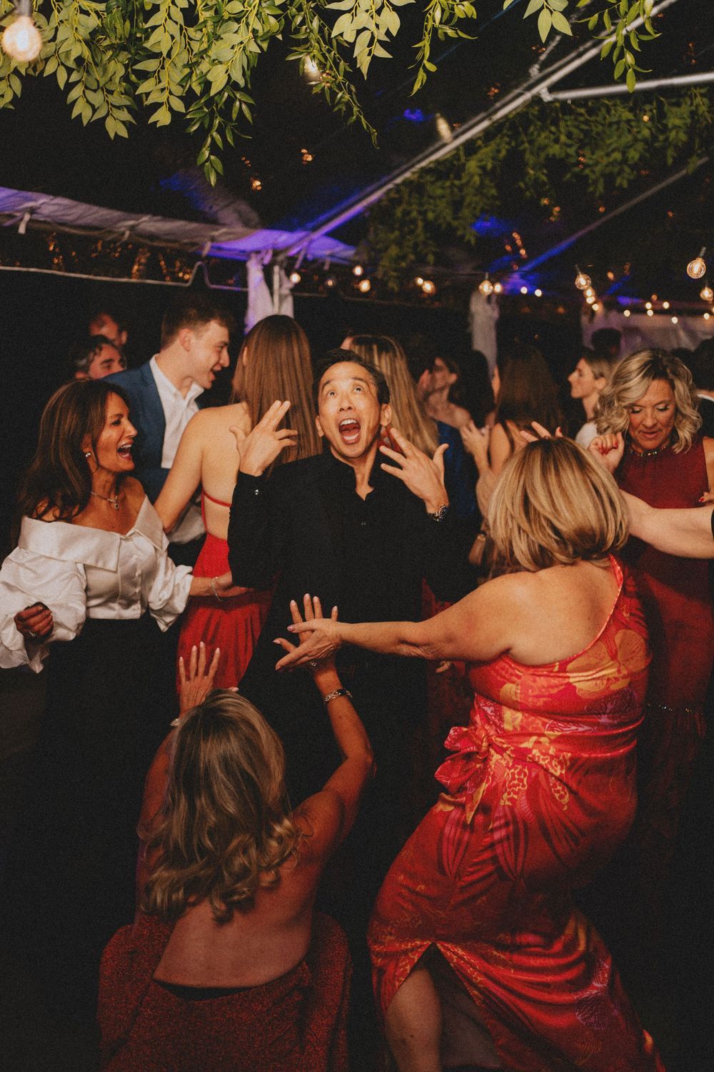 Lively dance party scene with celebrating guests under outdoor string lights.