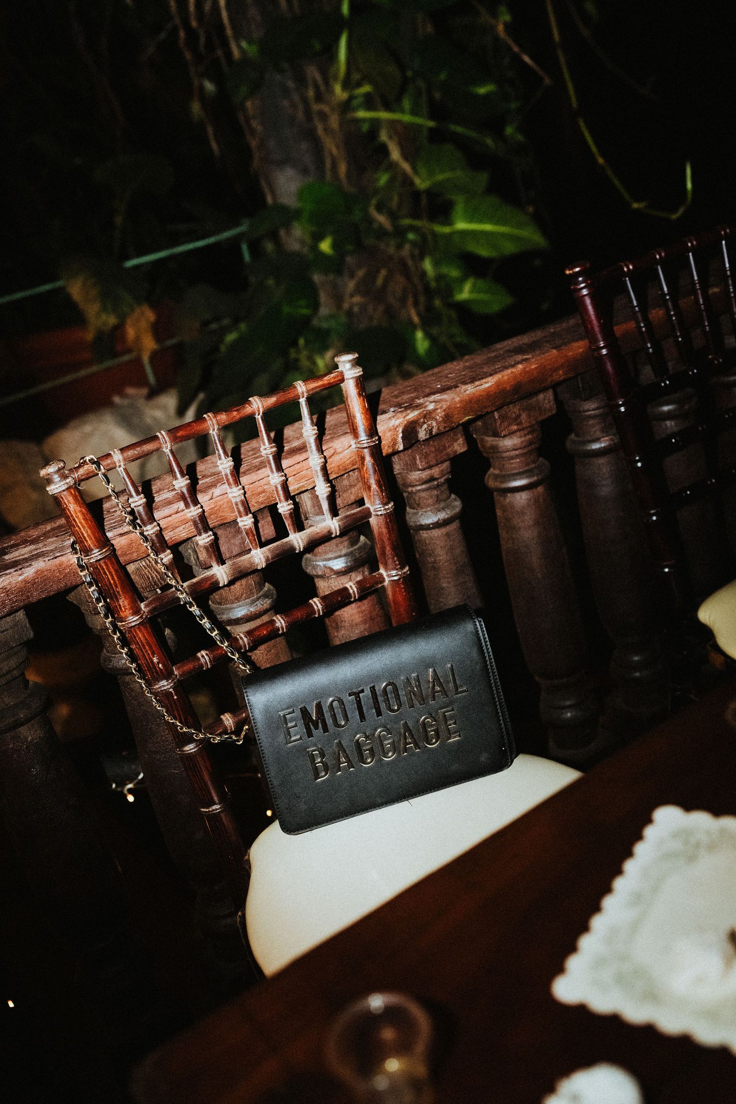 Vintage wooden decor with a black leather 