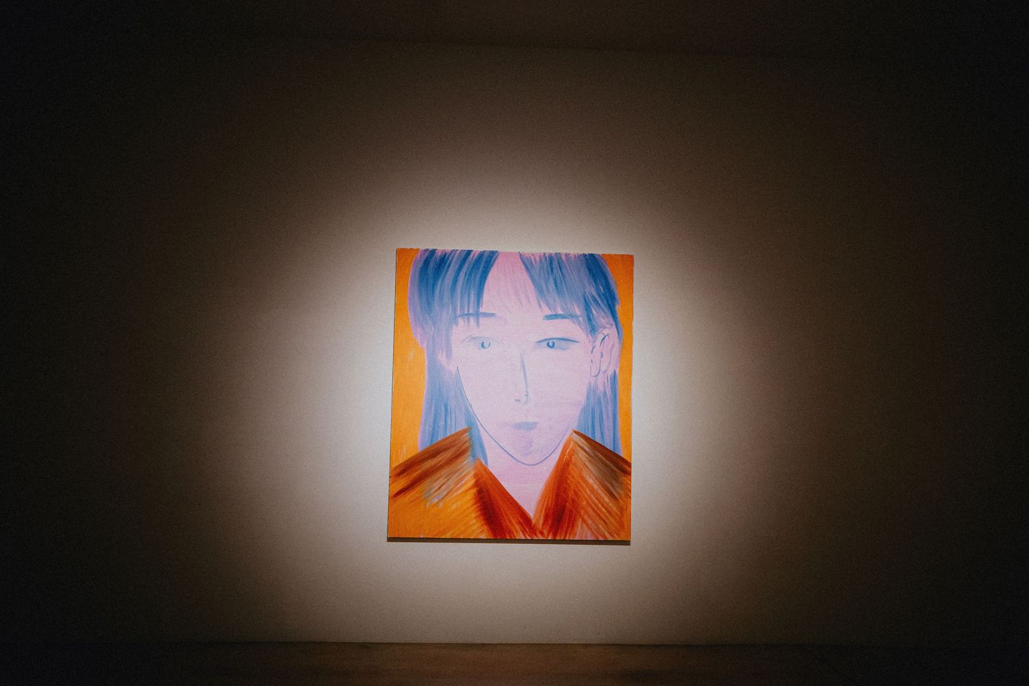 A glowing gallery wall displays a painting of a blue-haired figure in orange, illuminated by warm spotlight light.